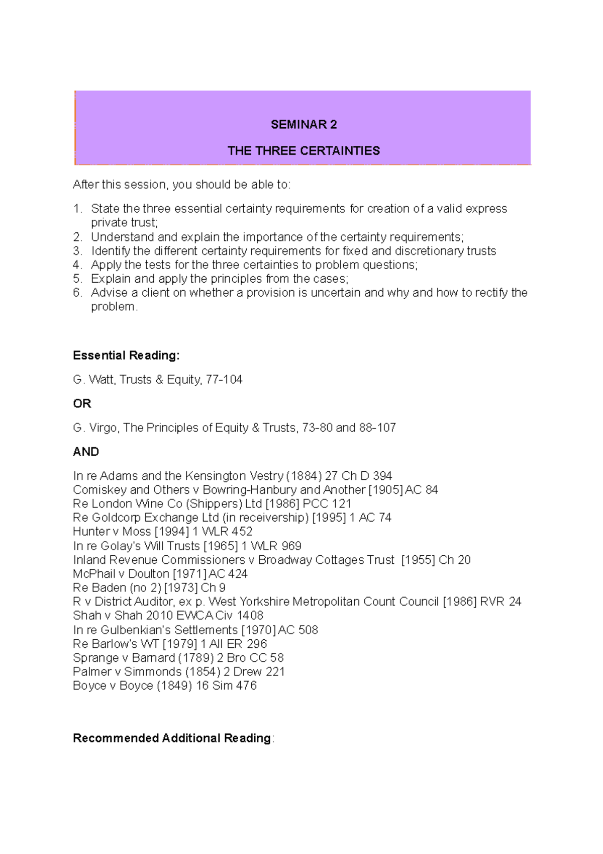 Seminar 2 - notes - SEMINAR 2 THE THREE CERTAINTIES After this session ...