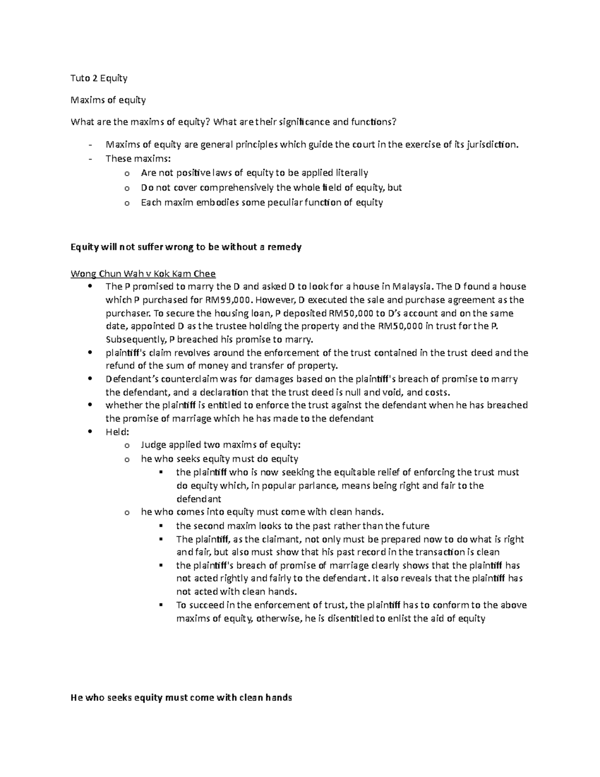 Tuto 2 Equity - note - Tuto 2 Equity Maxims of equity What are the ...