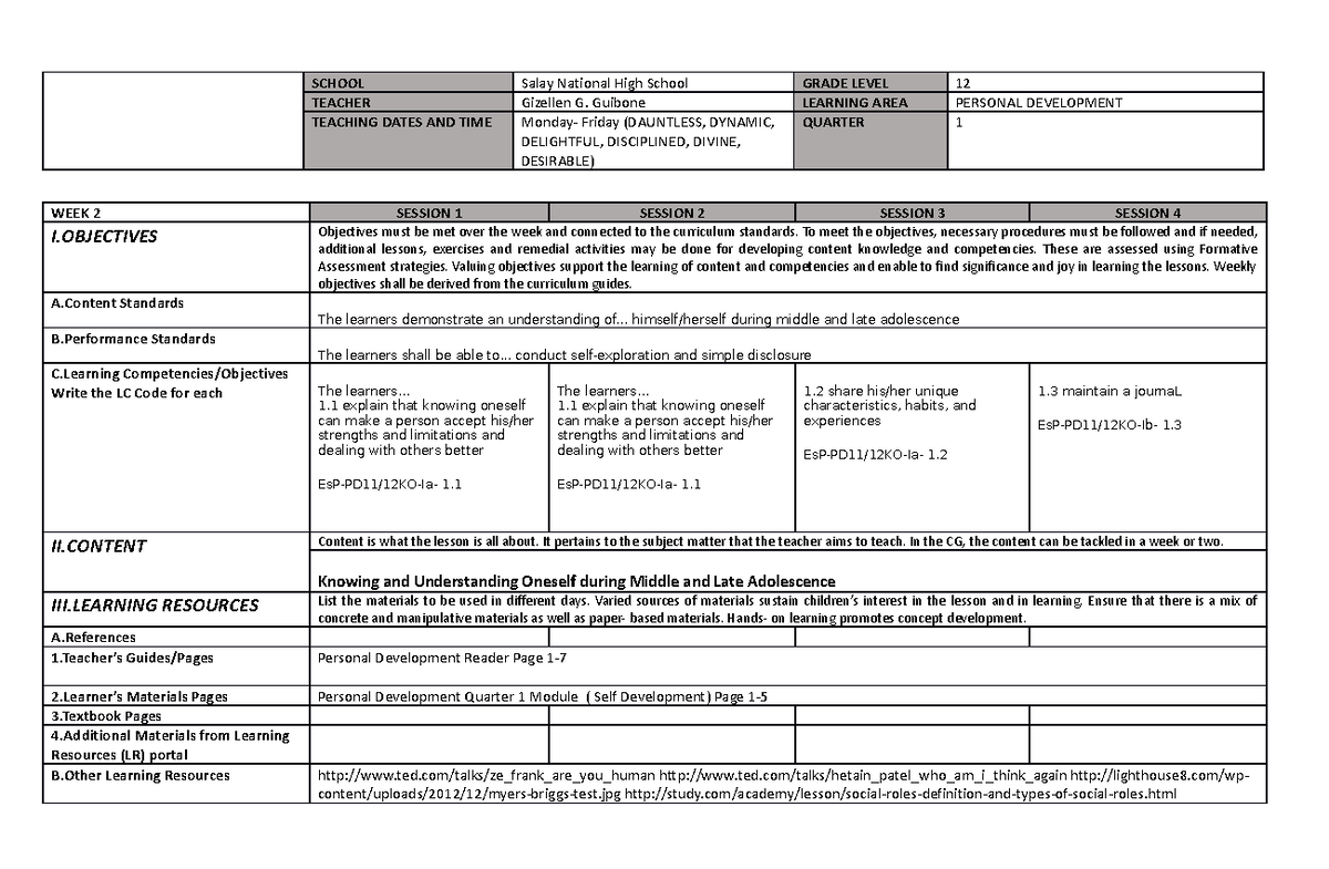 Perdev Q1W2 - jnbjj - SCHOOL Salay National High School GRADE LEVEL 12 ...