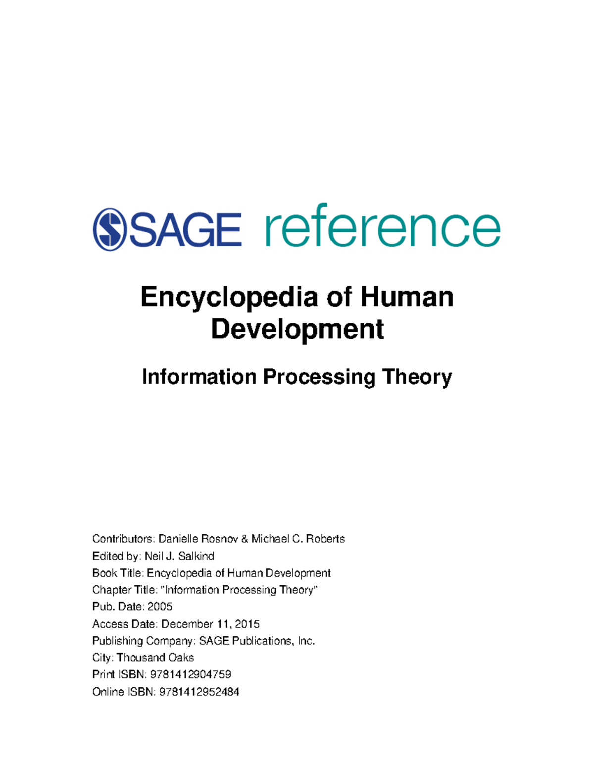 9 Information Processing Theory Encyclopedia of Human Development