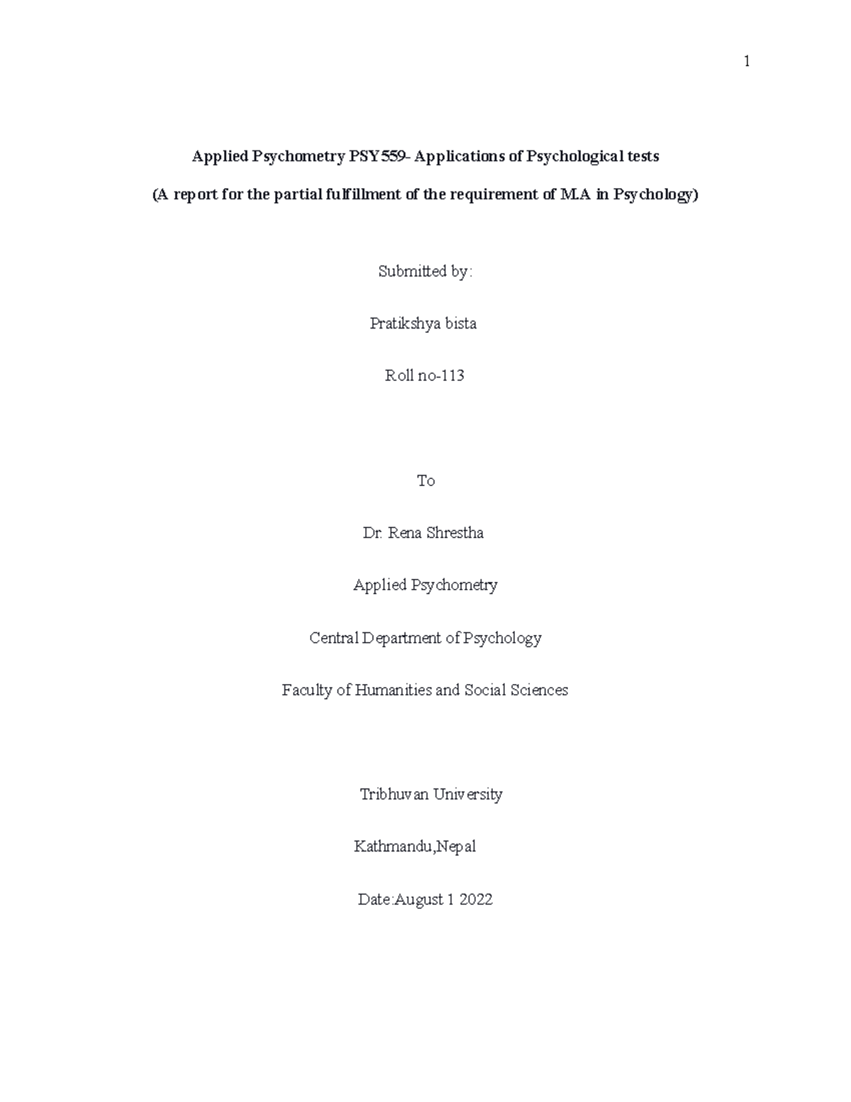 Final essay - Applied Psychometry PSY559- Applications of Psychological ...