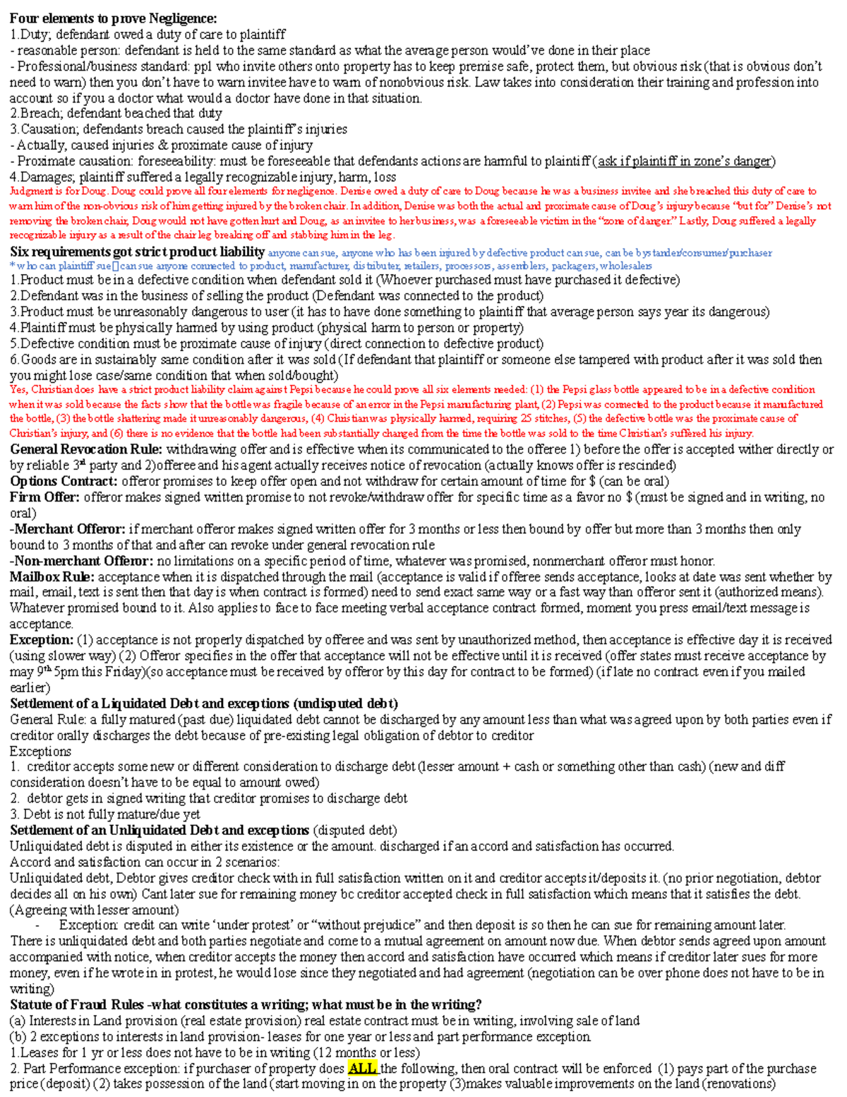 Law Final Cheat Sheet -2 - Four elements to prove Negligence: 1 ...