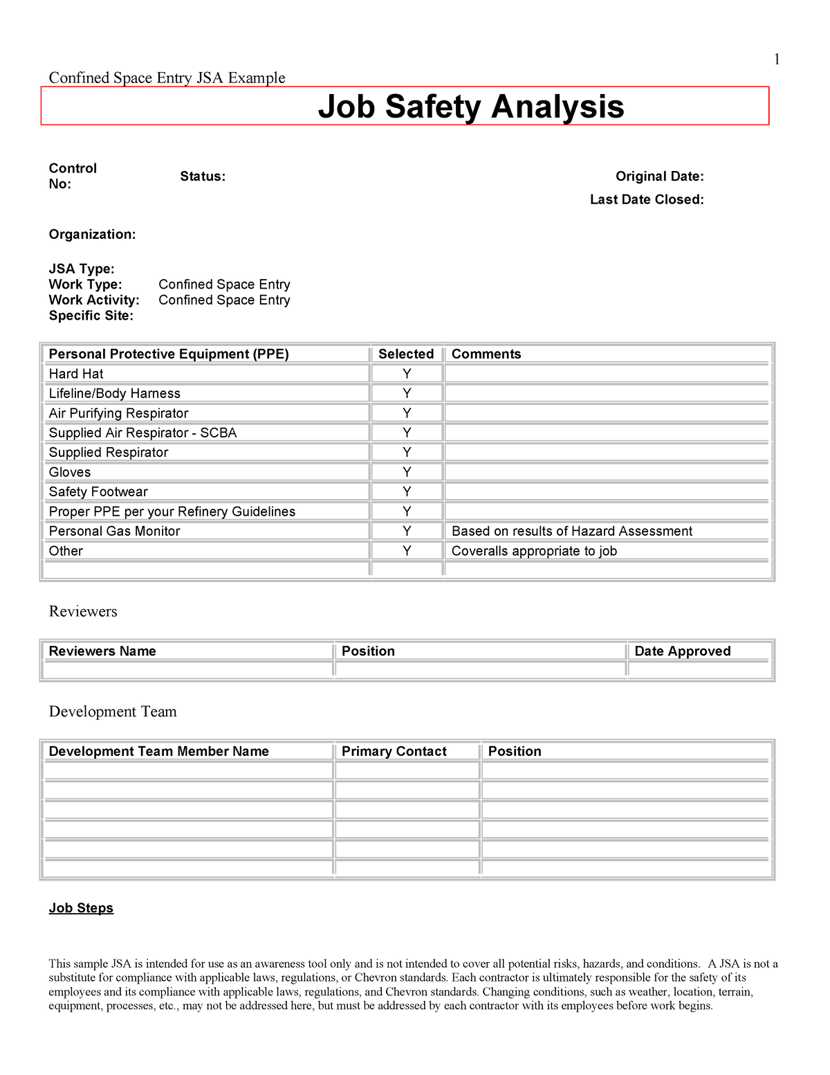 JSA Confined Space Entry - Confined Space Entry JSA Example Job Safety ...