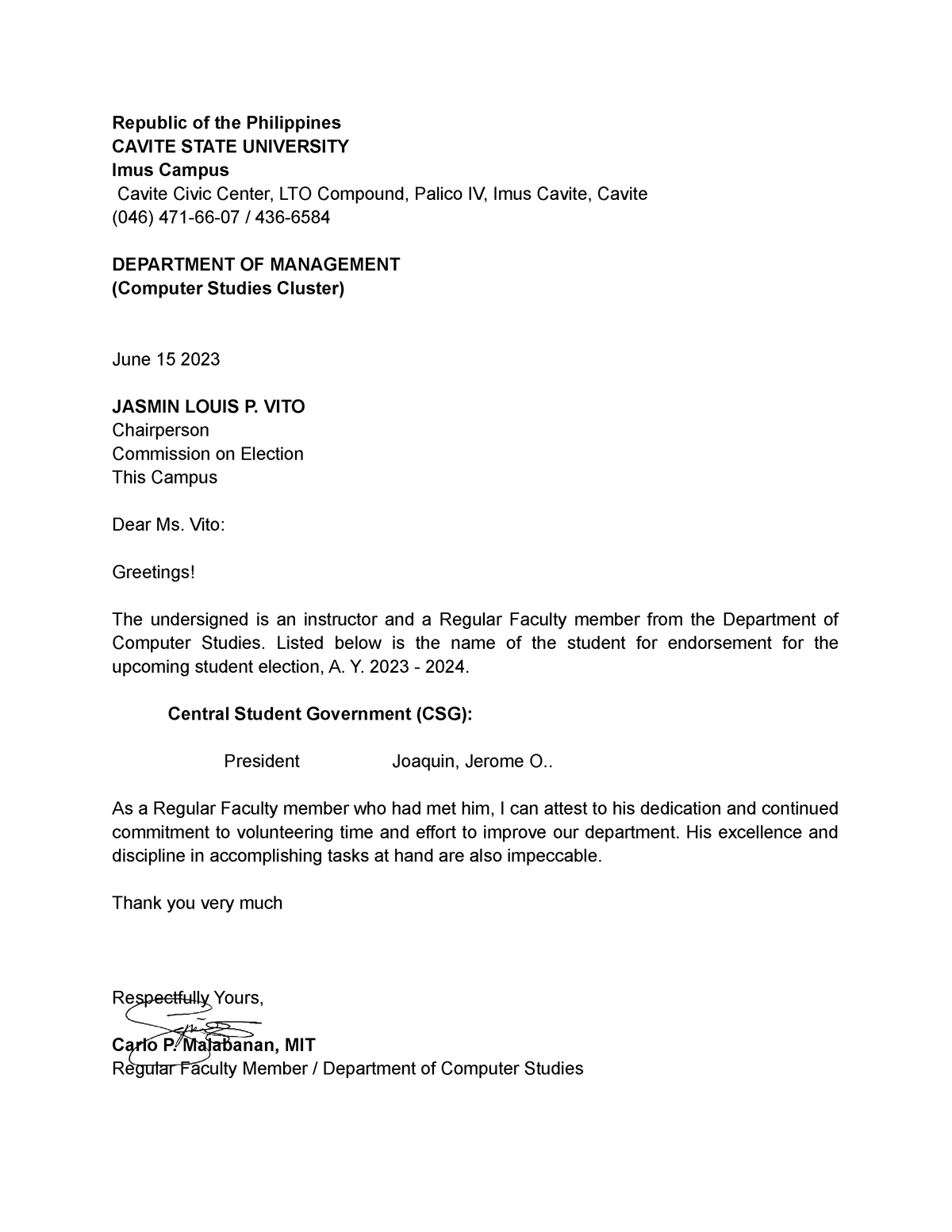 Endorsement-Letter-1 - Republic of the Philippines CAVITE STATE ...