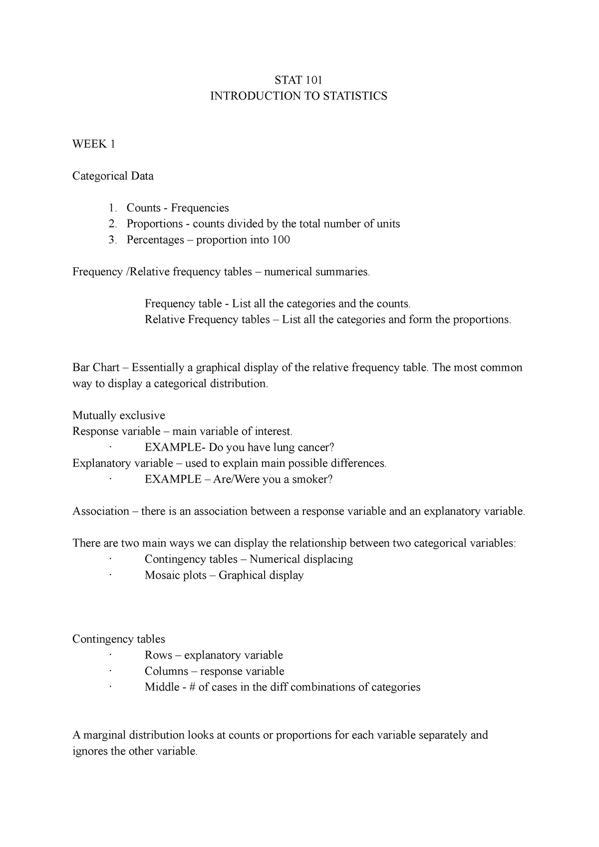 STAT 101 WEEK 1 - STAT 101 WEEK 1 - STAT 101 INTRODUCTION TO STATISTICS ...