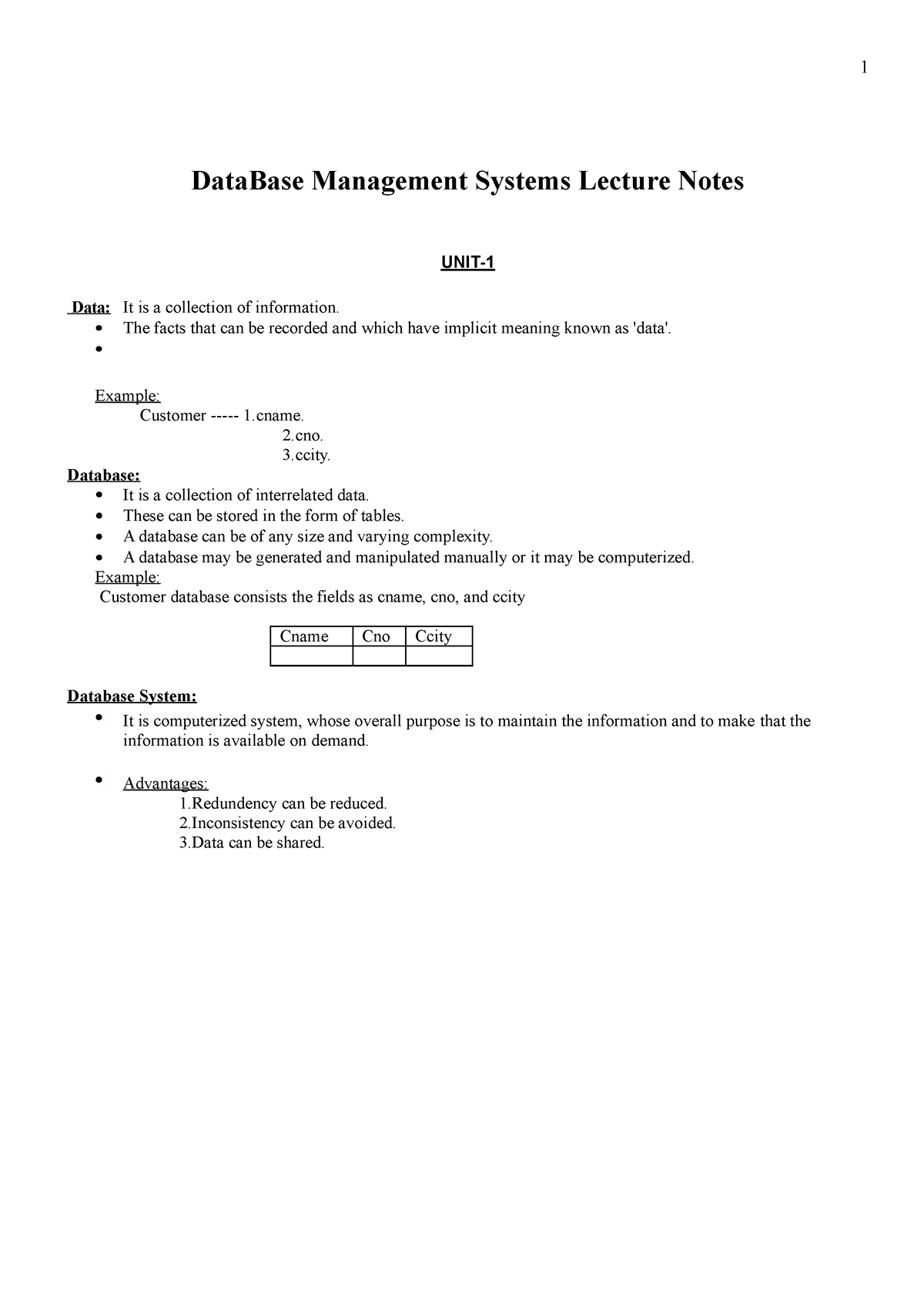 DBMS Notes - 1 DataBase Management Systems Lecture Notes UNIT- Data: It ...