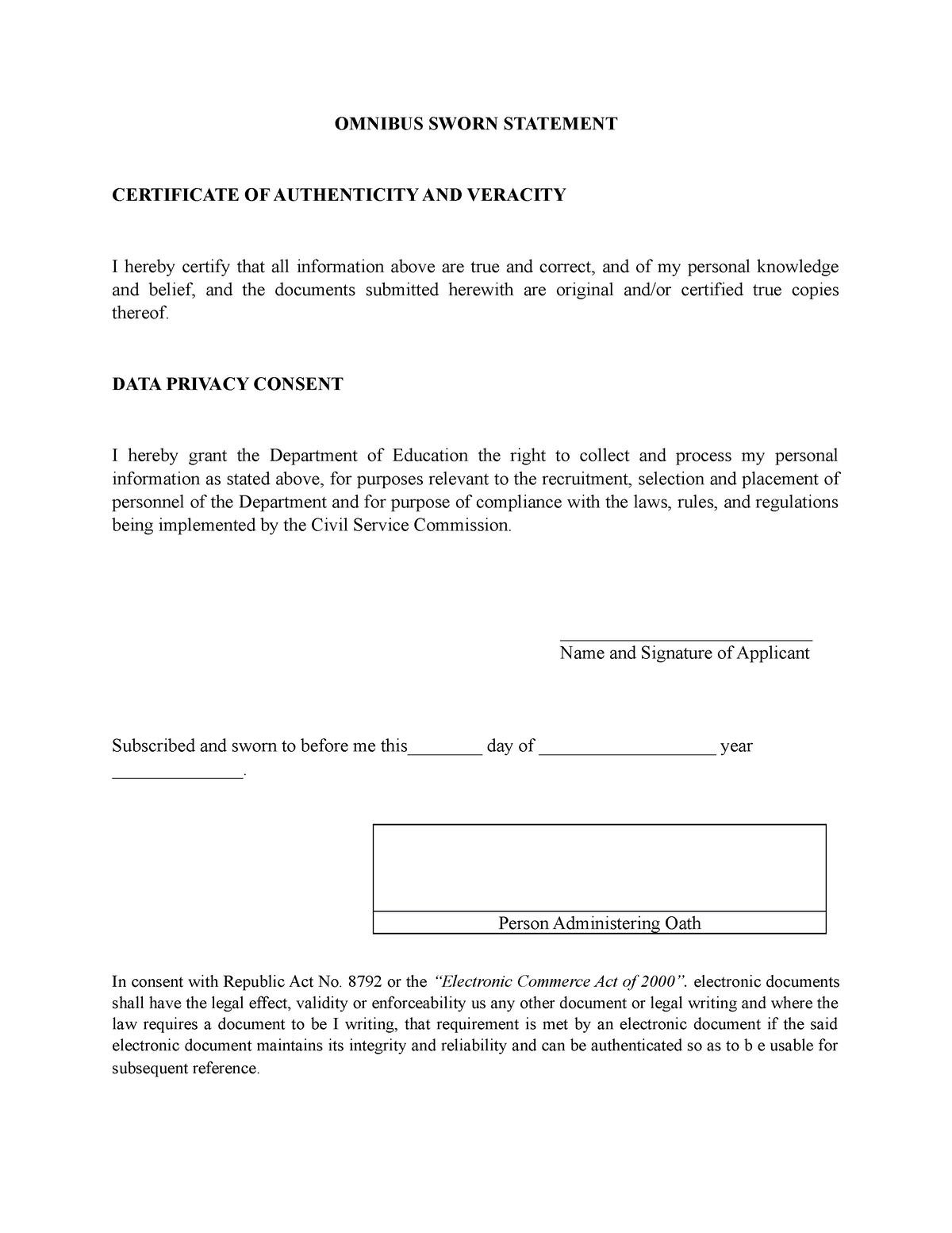 Omnibus - OMNIBUS SWORN STATEMENT CERTIFICATE OF AUTHENTICITY AND ...