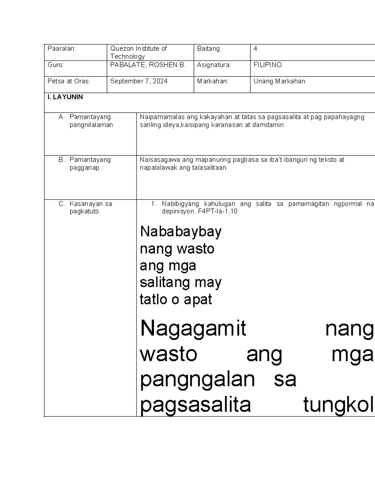 Filipino 5 lesson plan template - Paaralan: Quezon Institute of ...