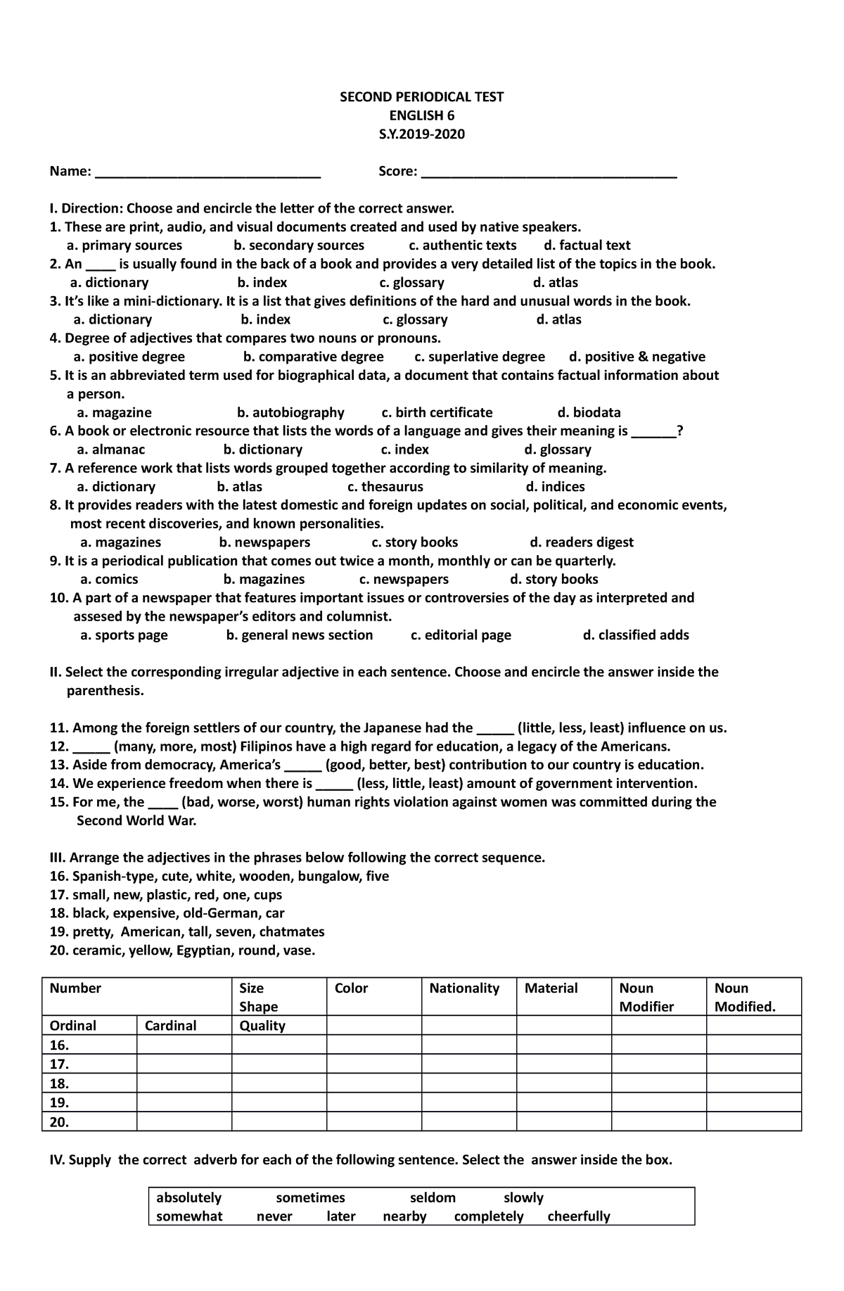 2ND Periodical TEST English 6 WITH TOS - SECOND PERIODICAL TEST ENGLISH ...