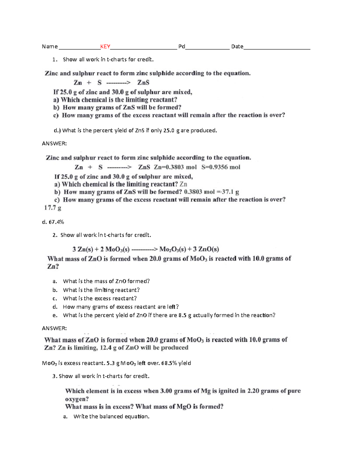 percent yield homework answer key