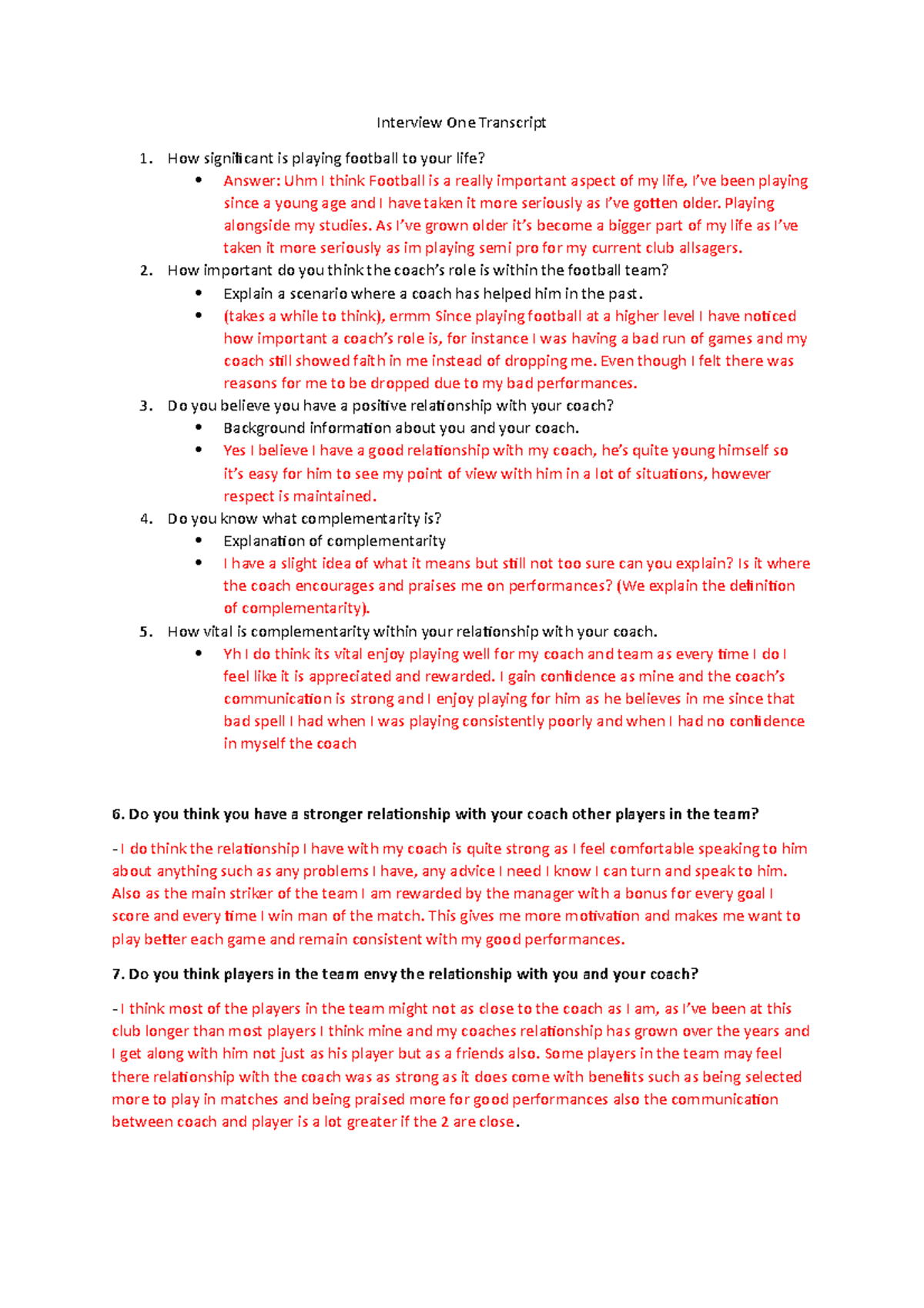 Interview One Transcript - coach and athlete relationship - Interview ...