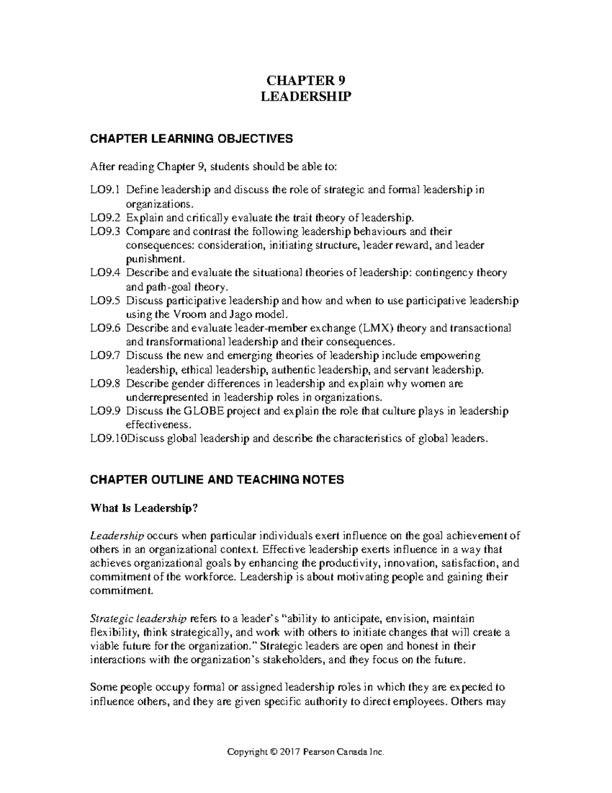 Johns 10e irm ch09 - CHAPTER 9 LEADERSHIP CHAPTER LEARNING OBJECTIVES ...