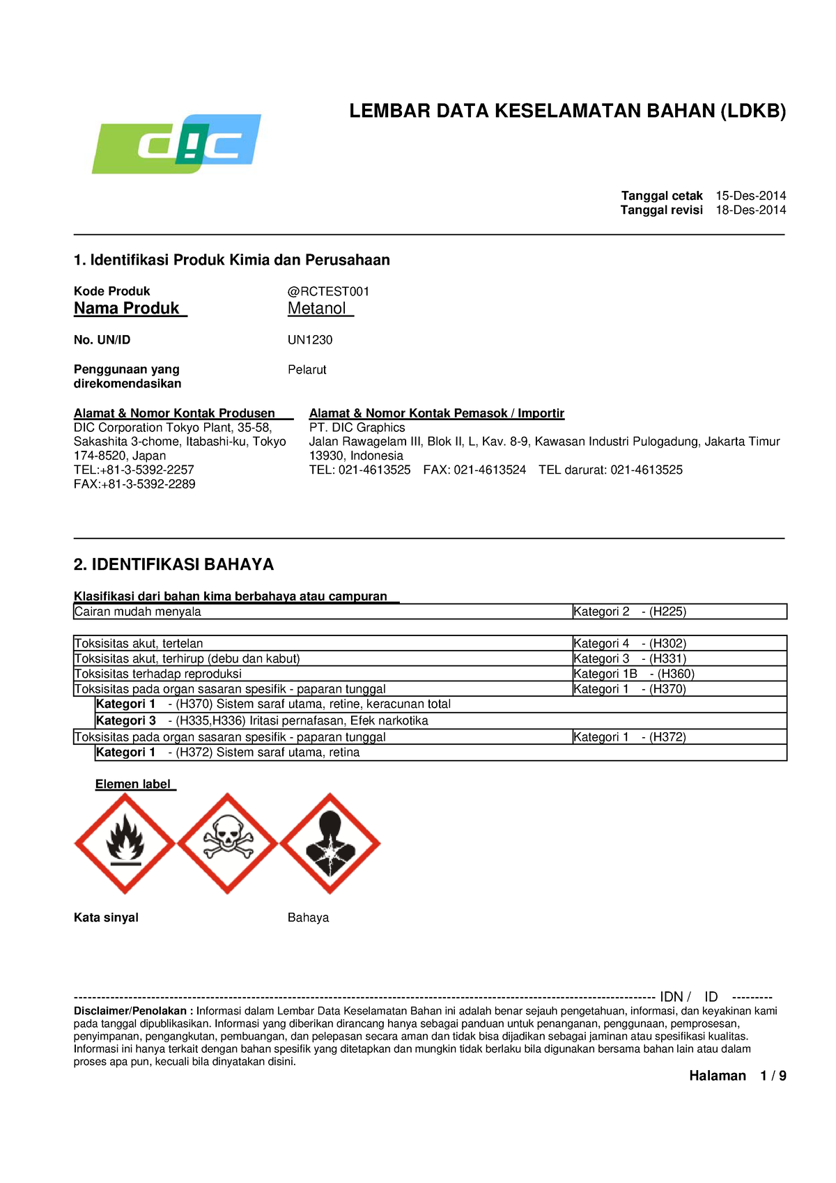 Methanol(IDN) - msds - LEMBAR DATA KESELAMATAN BAHAN (LDKB) Tanggal