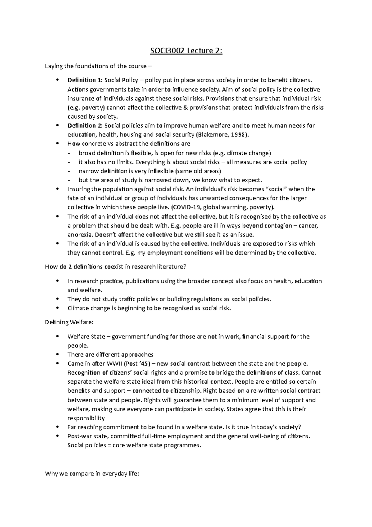 Lecture 2 Notes SOCI3002 Lecture 2 Laying the foundations of the