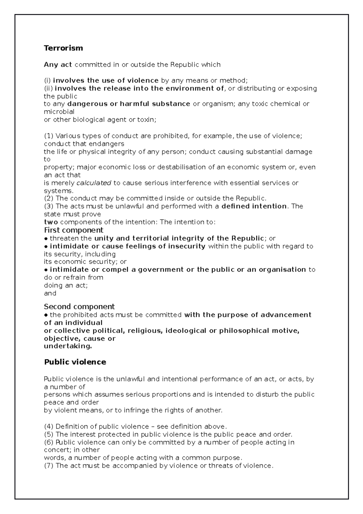 Specific crimes notes - Terrorism Any act committed in or outside the ...