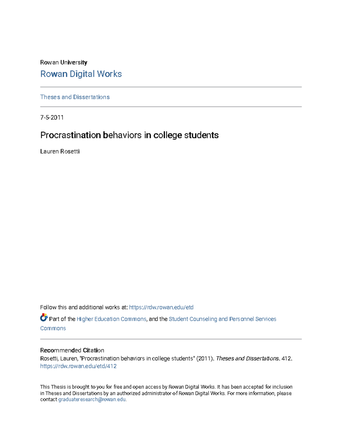 Procrastination behaviors in college students - Rowan UniversityRowan ...