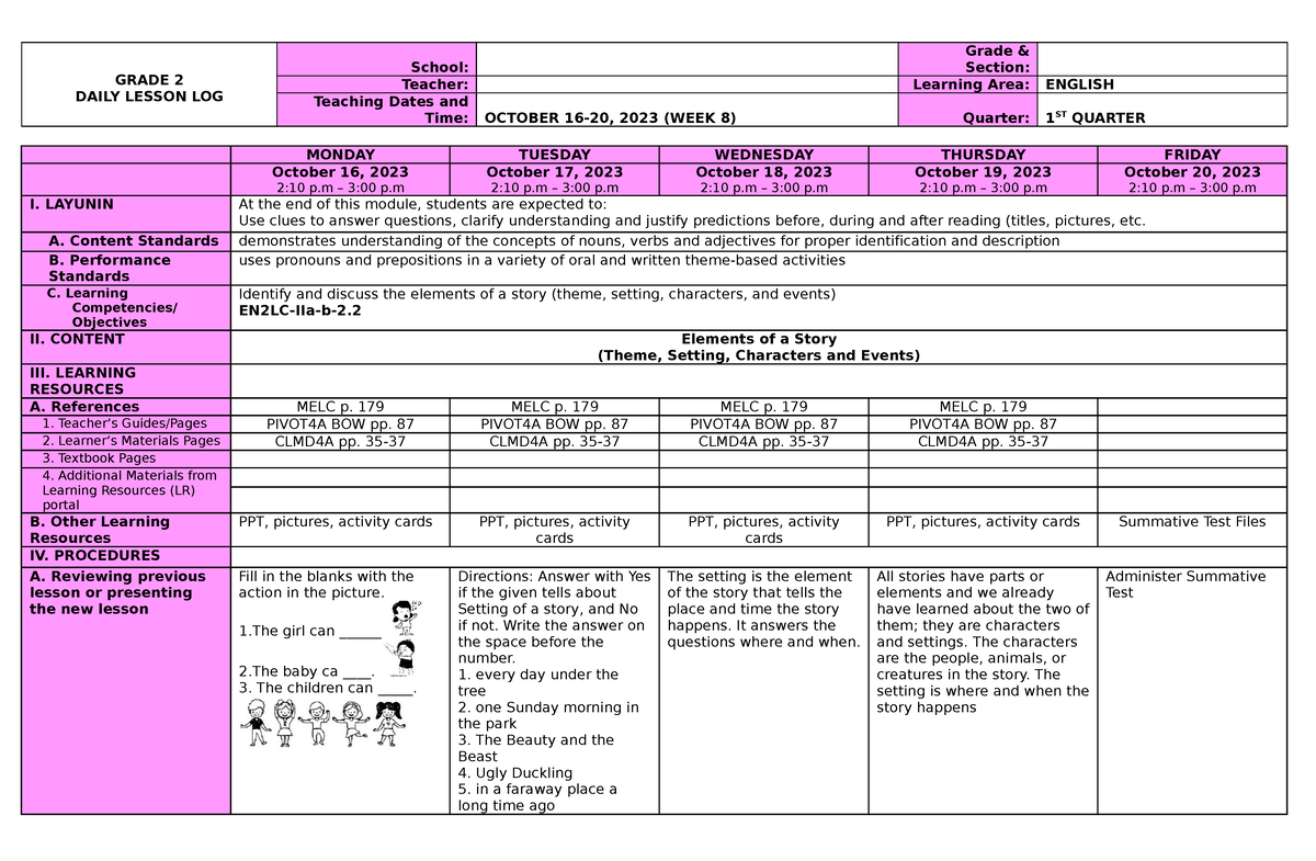 English Quarter 1Week8 - GRADE 2 DAILY LESSON LOG School: Grade ...