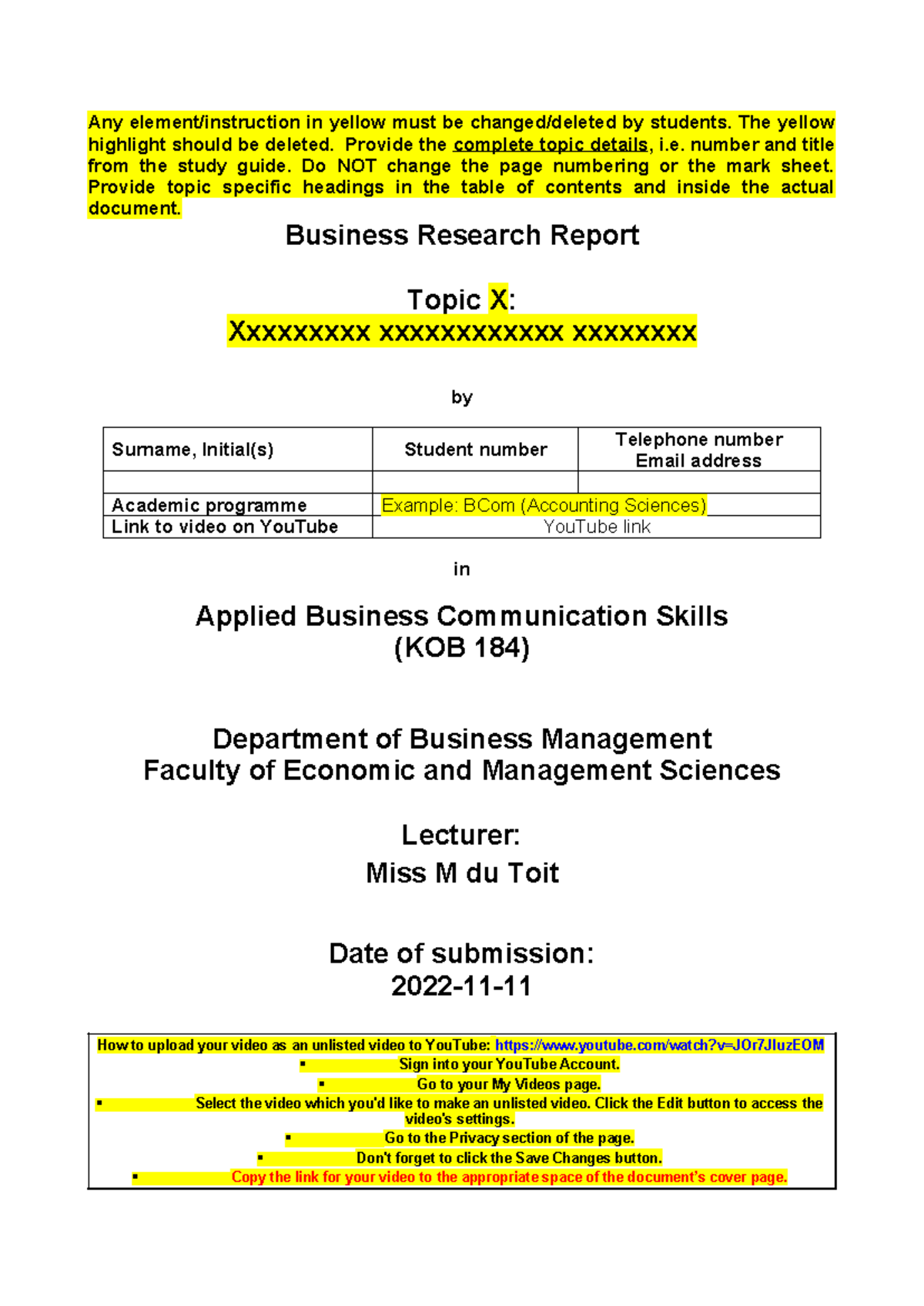Business research report template - Any element/instruction in yellow ...