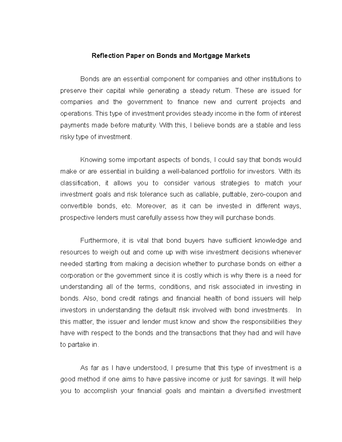 Ref paper 3 Finance Reflection Paper on Bonds and Mortgage Markets