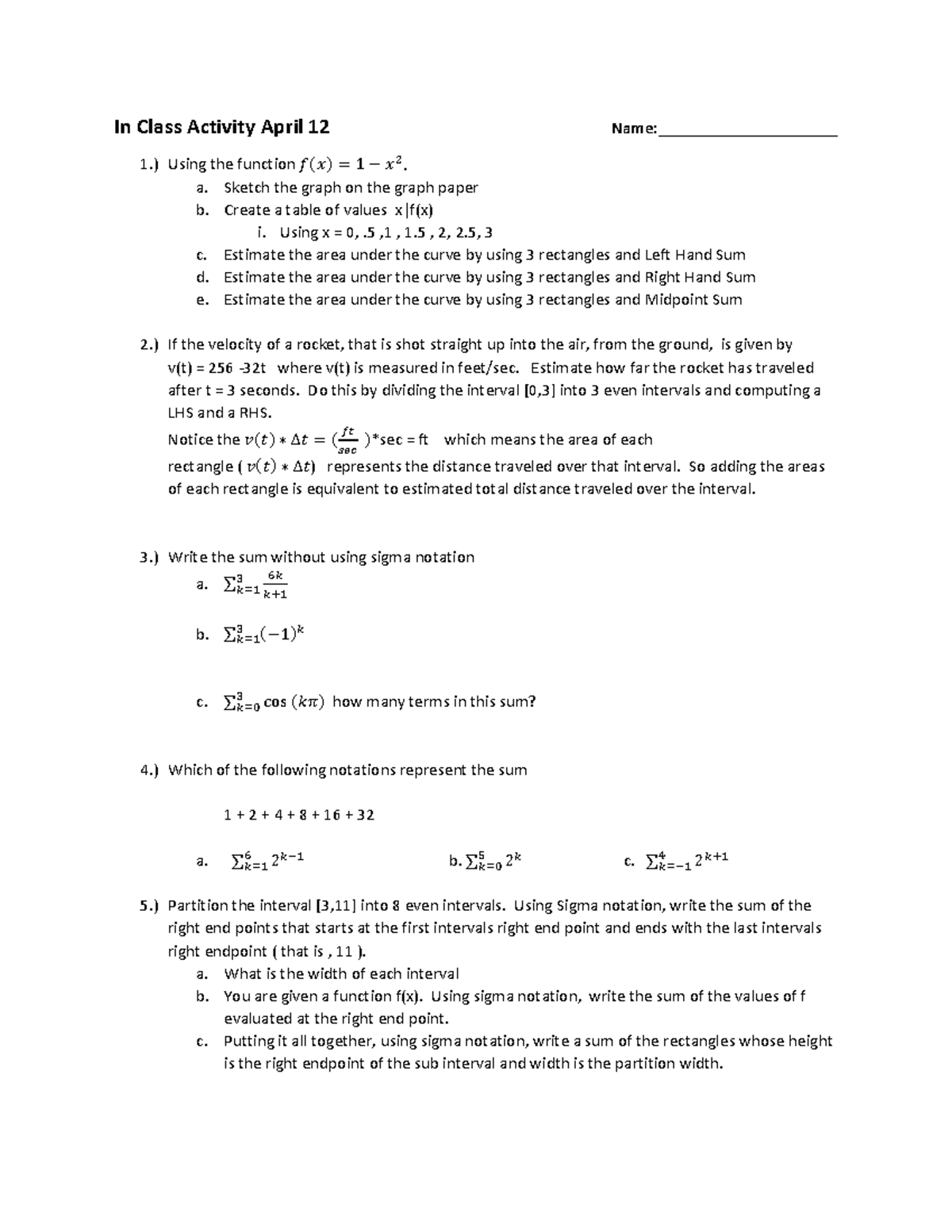 In Class Activity April 13 - ) Using the function 𝑓𝑓(𝑥𝑥) = 1 − 𝑥𝑥 2. a ...