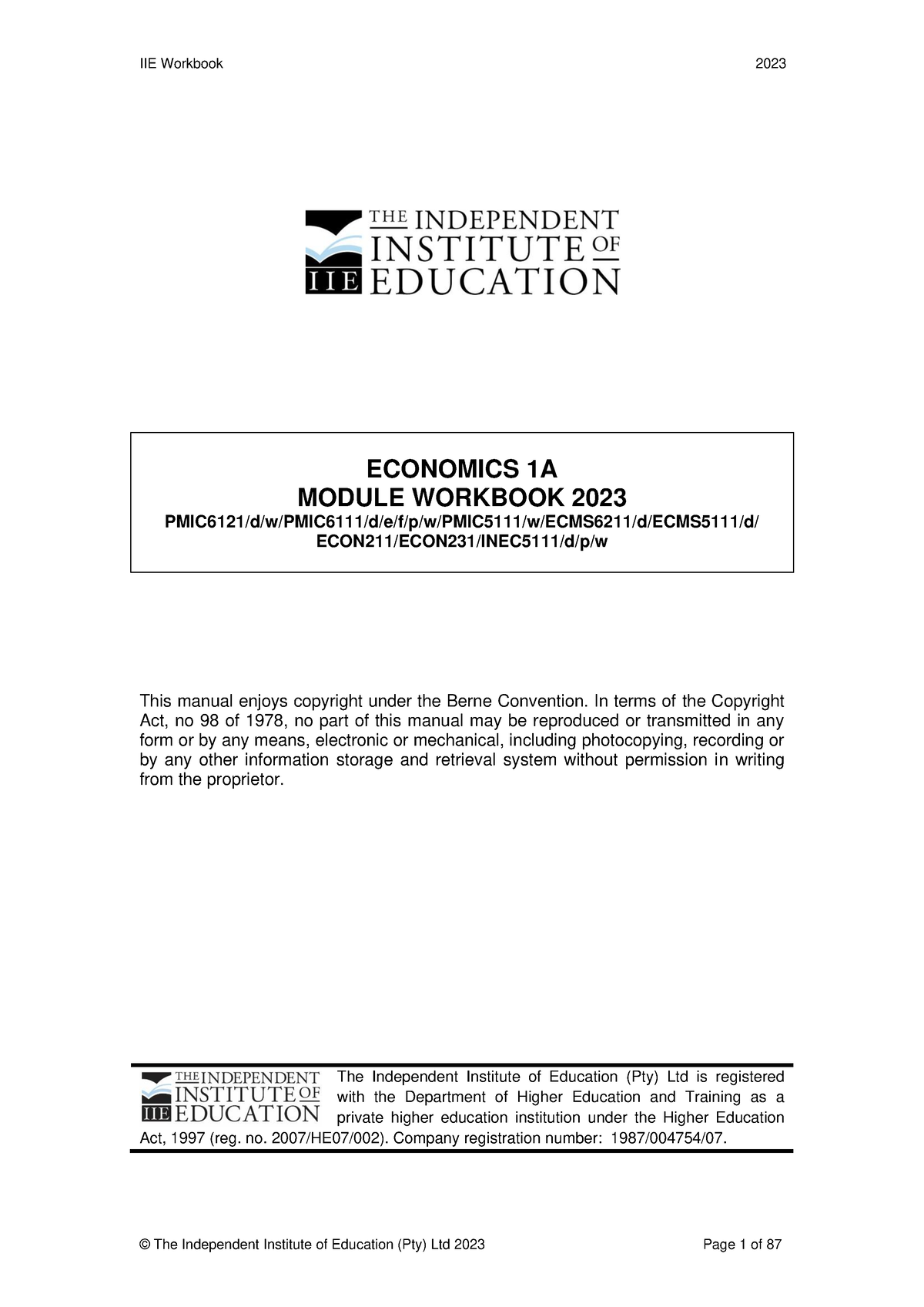 PMIC5111 Workbook - ECONOMICS 1A MODULE WORKBOOK 2023 - Studocu