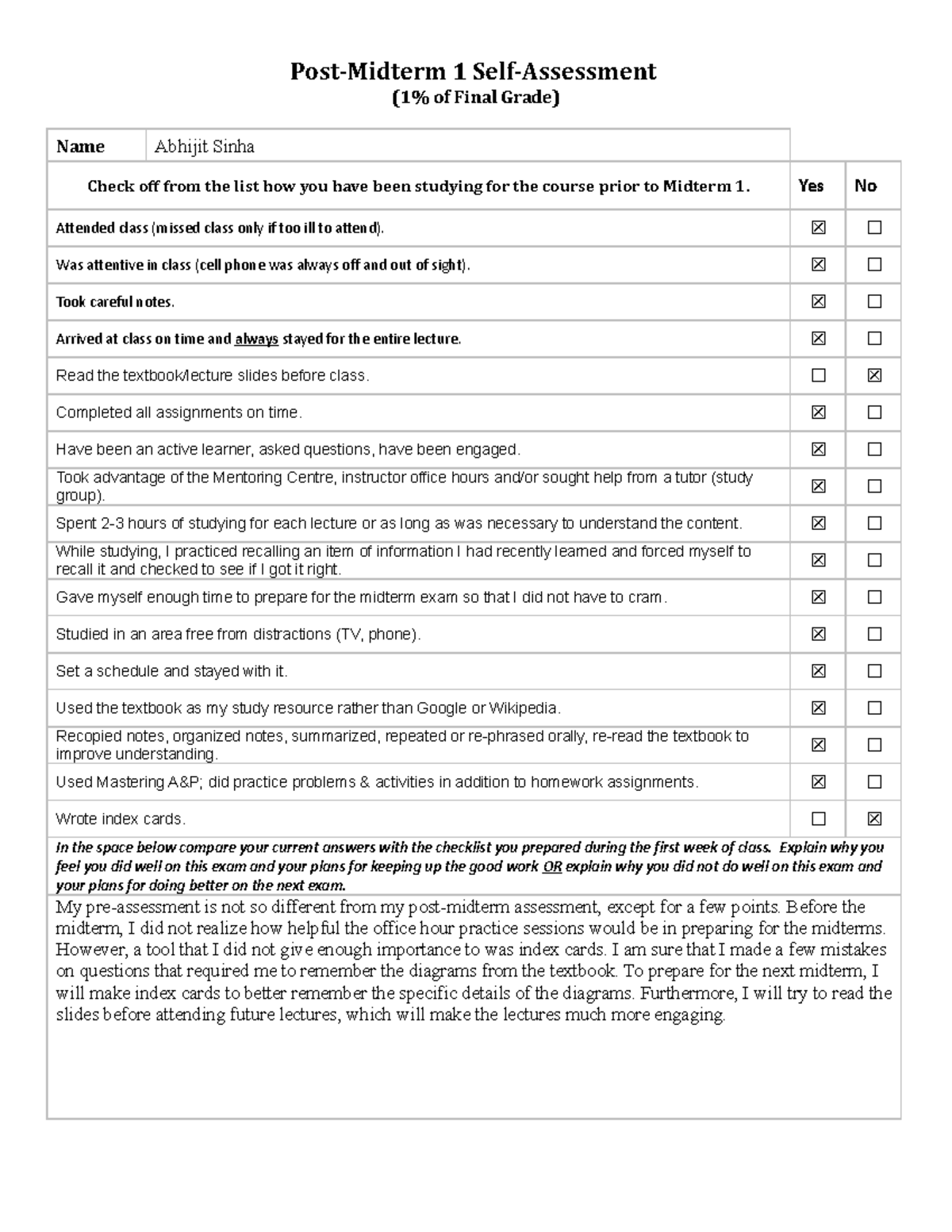 Post Midterm 1 Self-Assessment ANP1111A - Post-Midterm 1 Self ...