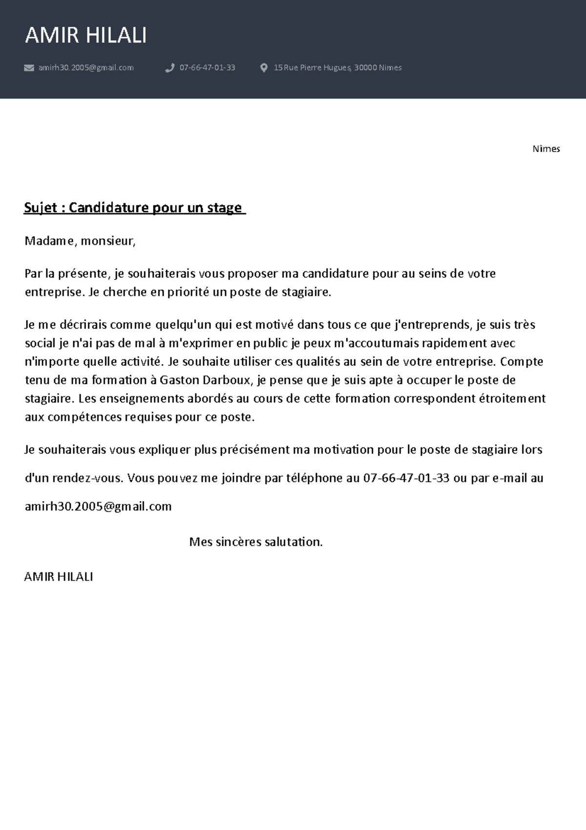 Lettre de motivation stagiaire - Nîmes Sujet : Candidature pour un ...