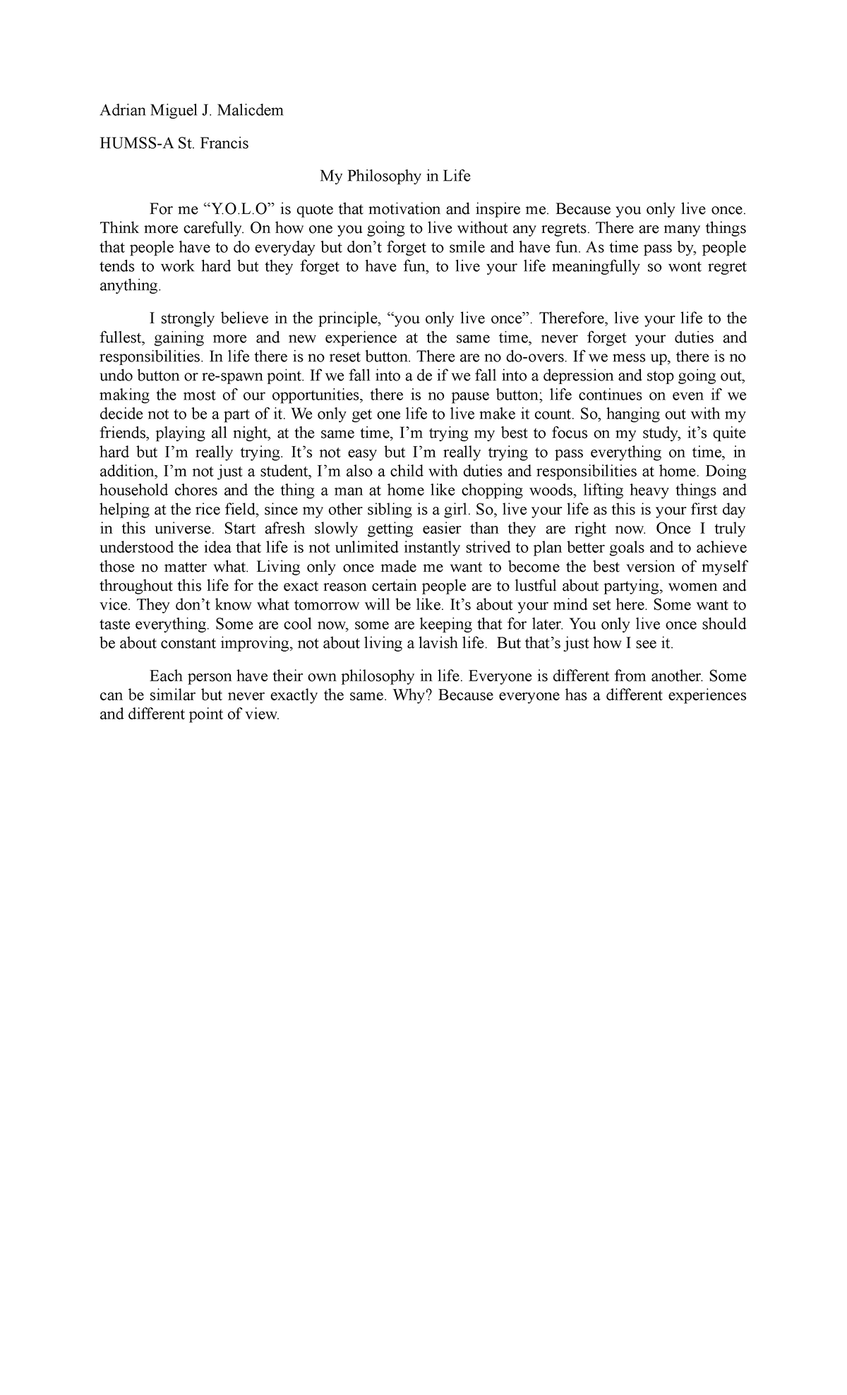 Essay about YOLO - Adrian Miguel J. Malicdem HUMSS-A St. Francis My ...