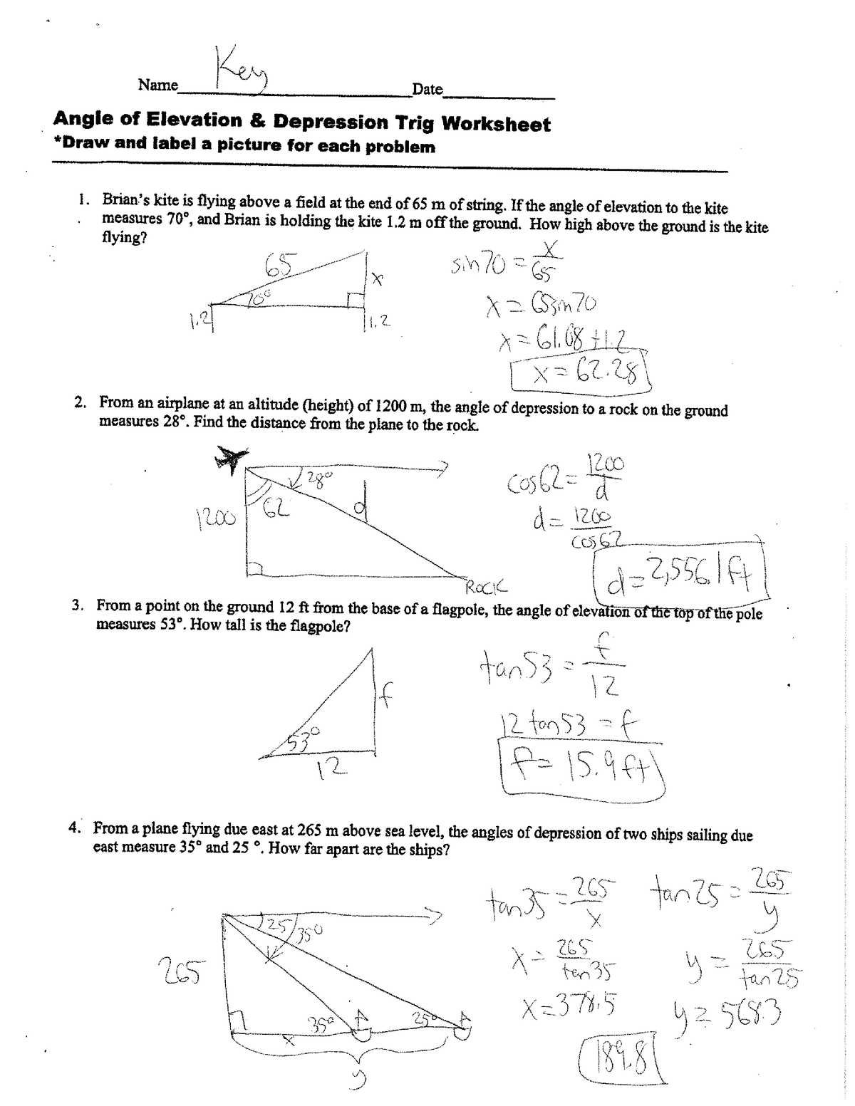 Angle of Elevation and Depression Trig Worksheet Answers - Arts and ...