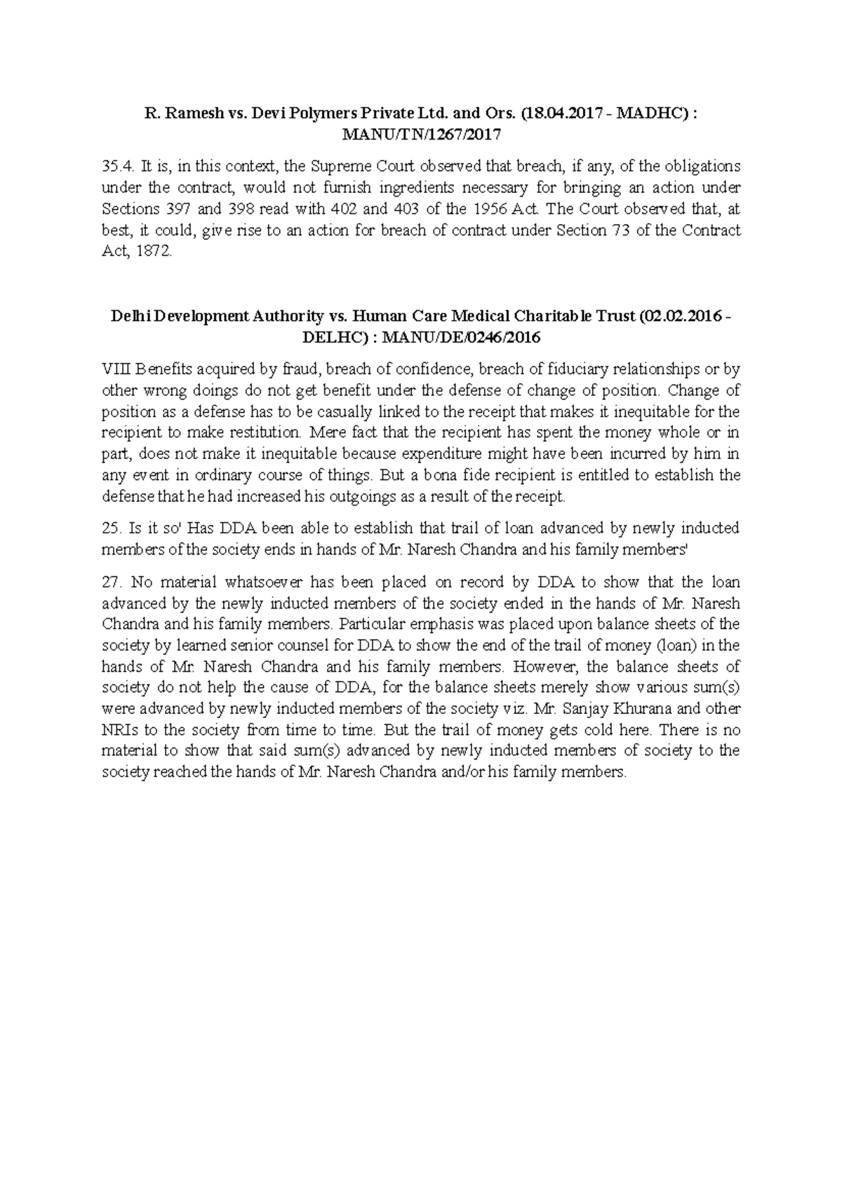 Research note - R. Ramesh vs. Devi Polymers Private Ltd. and Ors. (18. ...