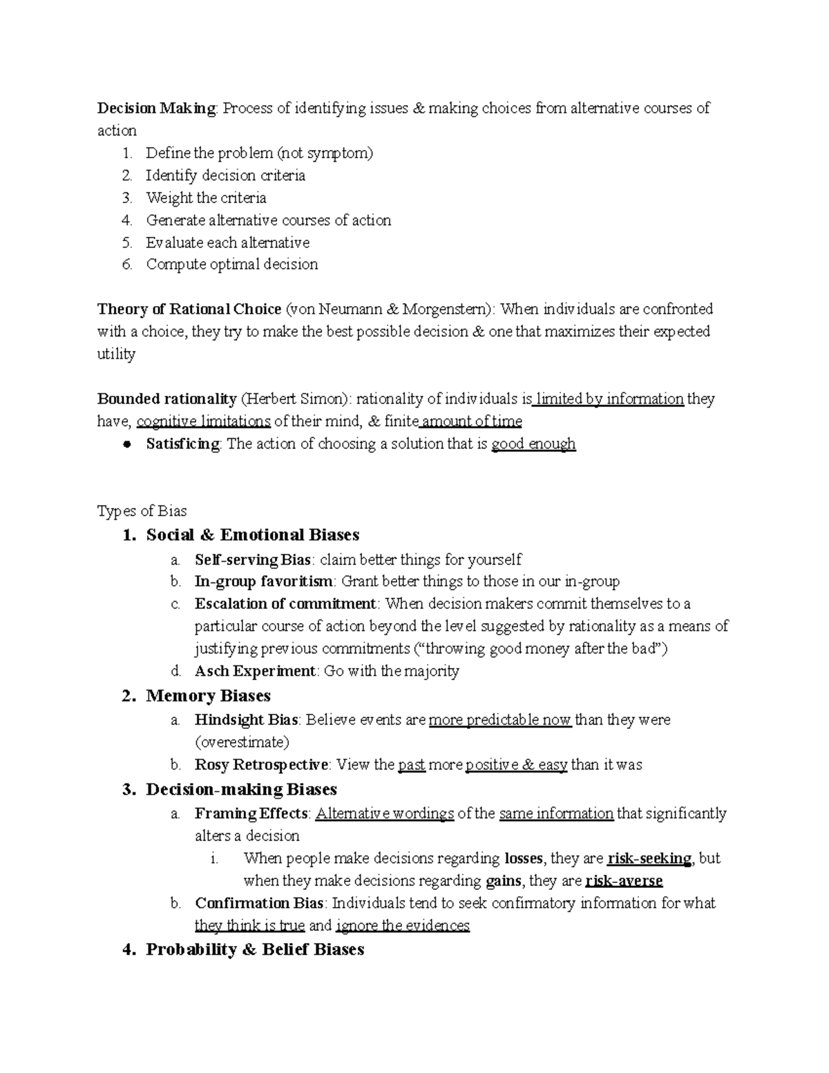 Mgmt Review Notes - Study Guide - Decision Making : Process of ...