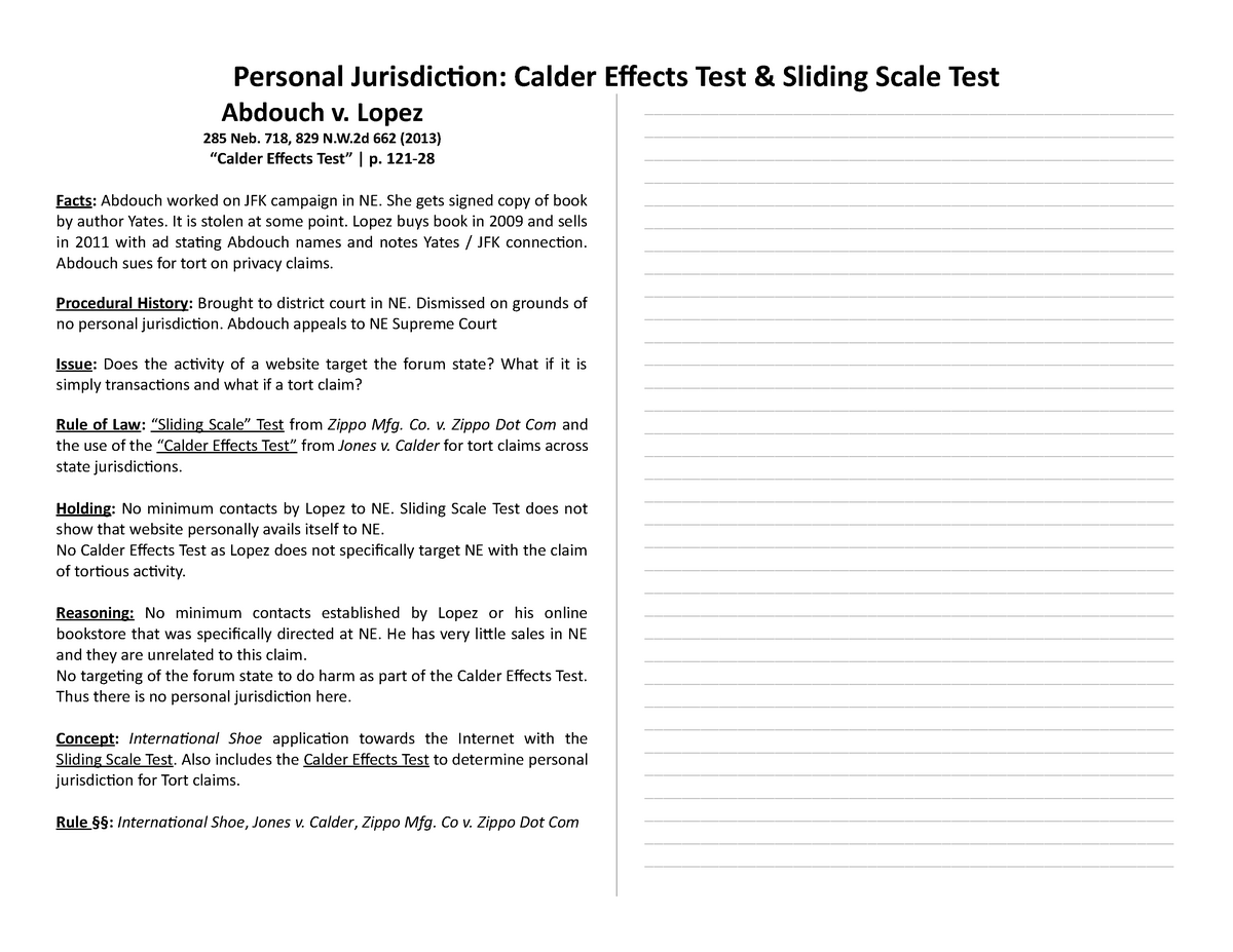Abdouch v Lopez Personal Jurisdiction: Calder Effects Test Sliding