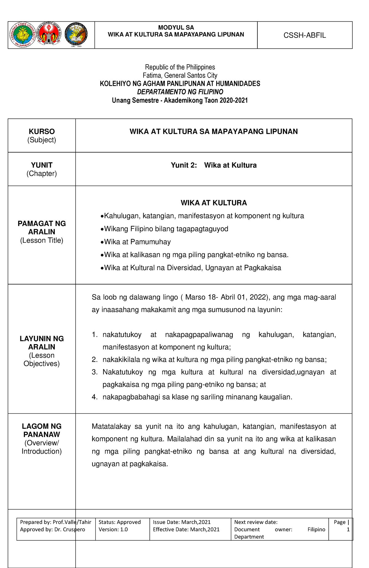 Modyul 2 FIL101A Final 1 - WIKA AT KULTURA SA MAPAYAPANG LIPUNAN CSSH ...