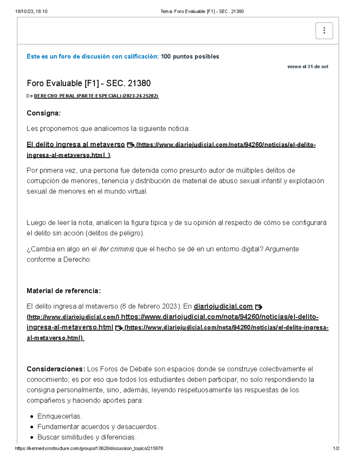 Foro 1 penal general Foro 18/10/23, 1810 Tema Foro Evaluable [F1