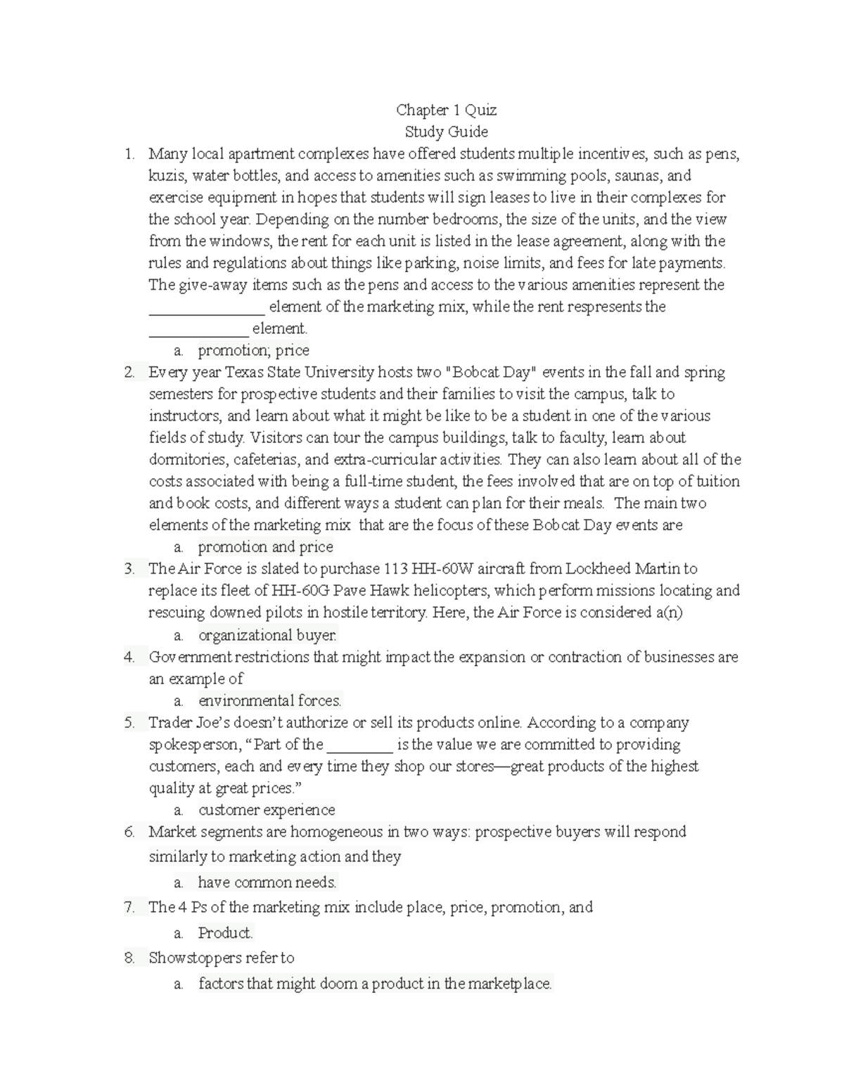 Chapter 1 Quiz Study Guide Chapter 1 Quiz Study Guide Many local apartment complexes have