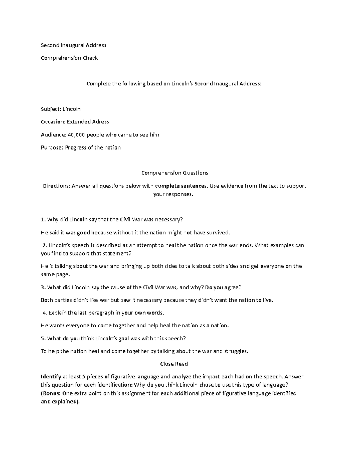 Second Inaugural Address First Read Questions 3 - Second Inaugural ...