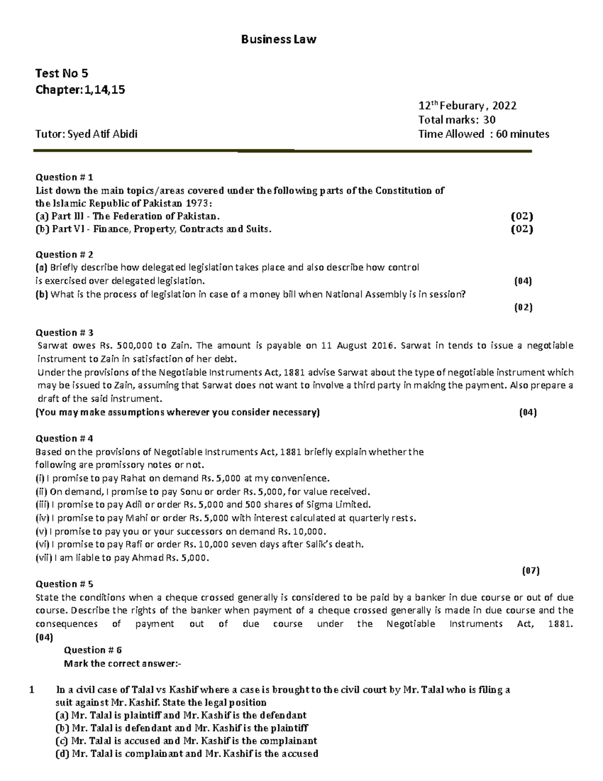 Test 5 QP Ch 1,14, 15 - Test 9 - Business Law Test No 5 Chapter:1,14 ...