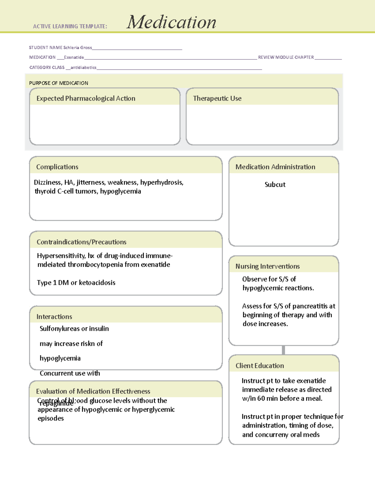 Exenatide Medication Template STUDENT NAME Schleria Gross