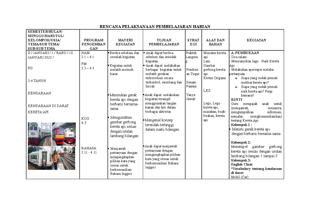 RPPH Kereta API KB - This paper contains lesson plan of Train Sub-theme ...