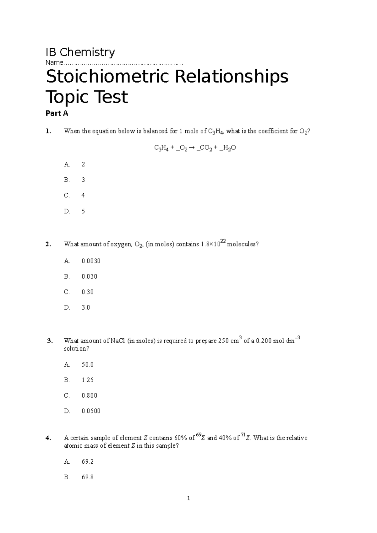 Stoichiometric Relationships Topic Test 2021 - IB Chemistry - Studocu