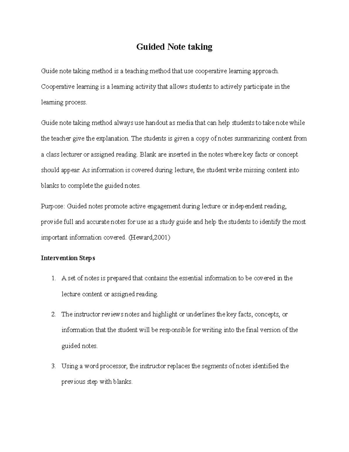 Guided Note taking - Guided Note taking Guide note taking method is a ...