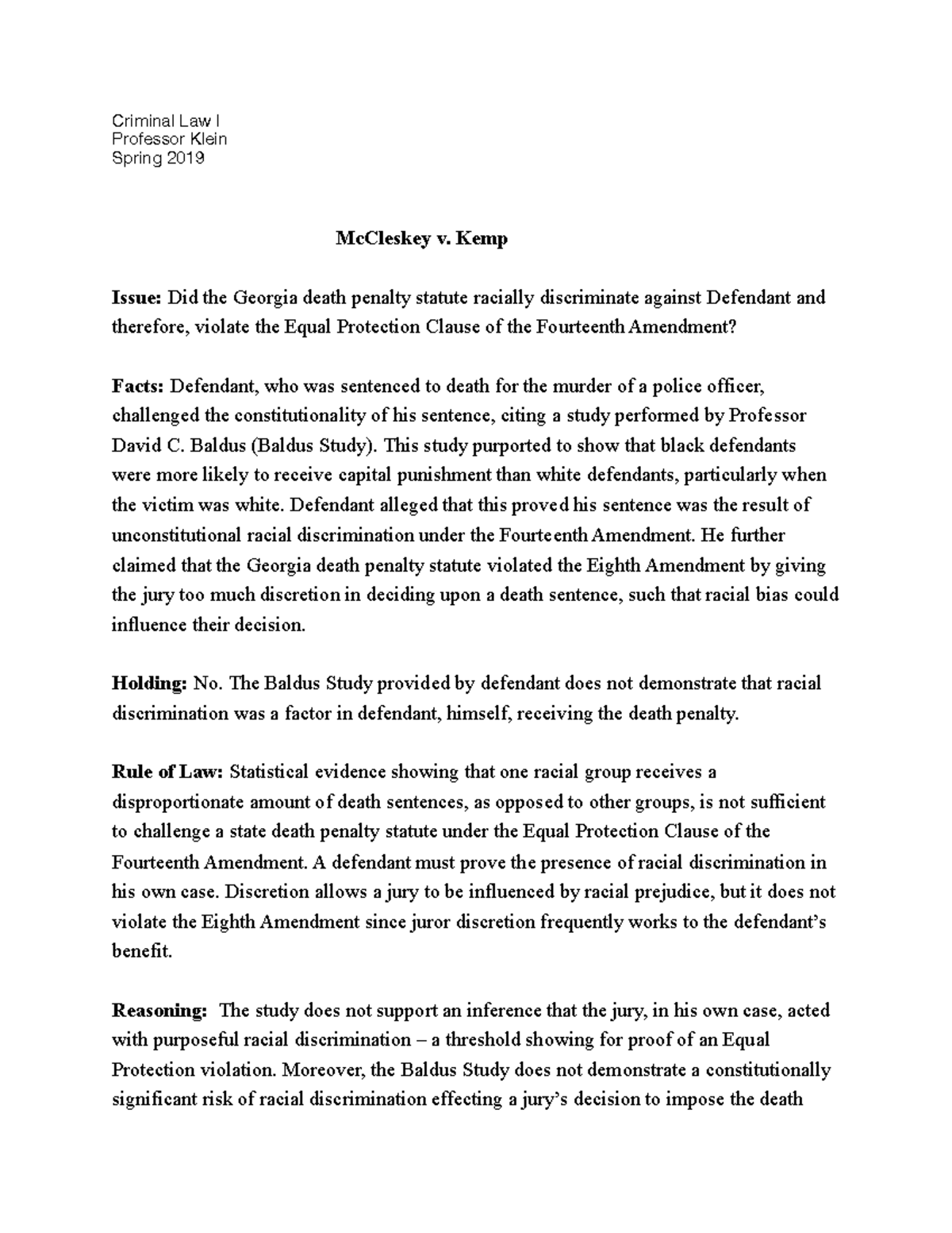 Mc Cleskey v. Kemp Criminal Law I Case Brief Notes - Criminal Law I ...