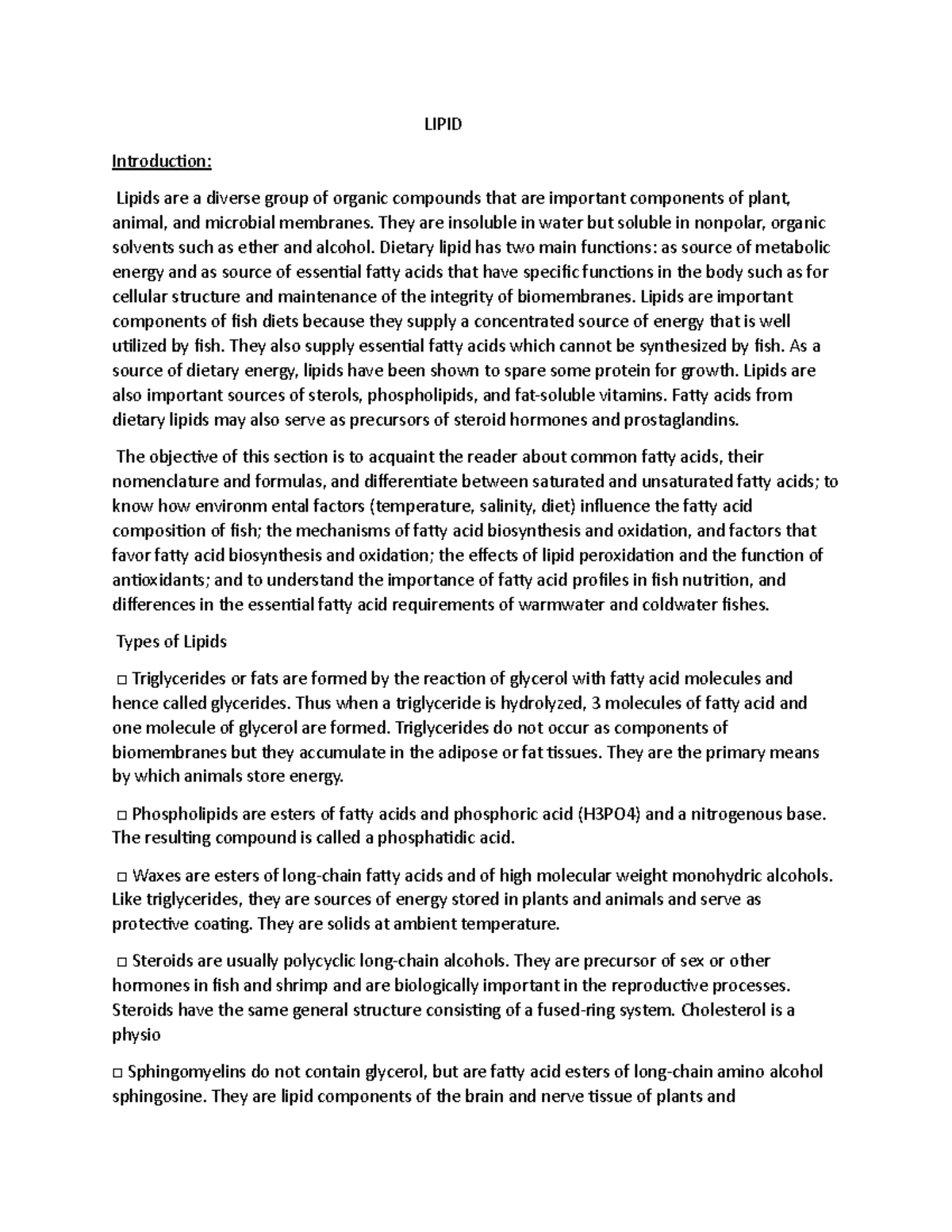 Lipid - LIPID Introduction: Lipids are a diverse group of organic ...