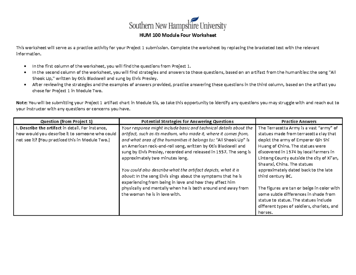 HUM 100 Module Four Worksheet - HUM 100 Module Four Worksheet This ...