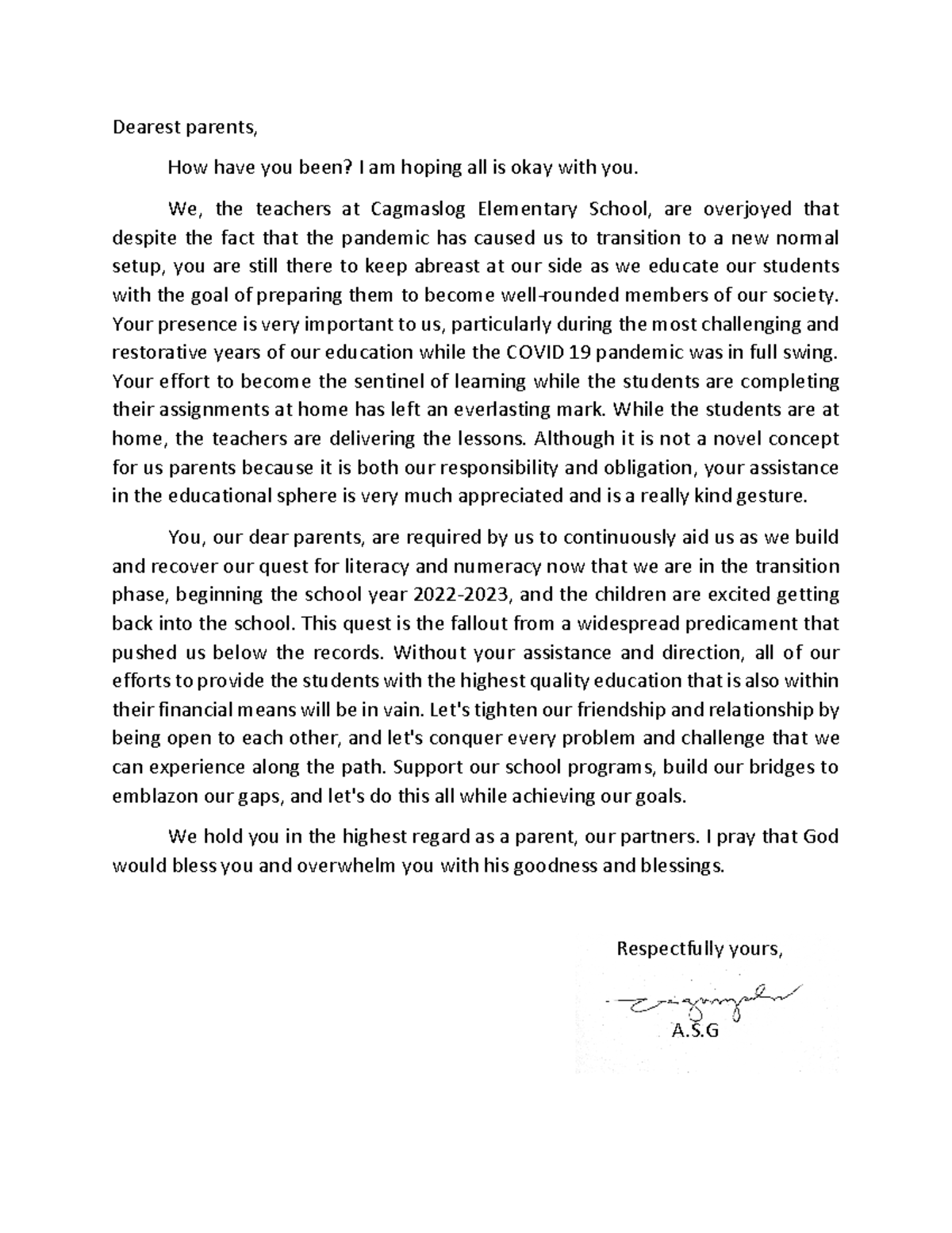Gonzales, Anthony Open Letter to Parents - Dearest parents, How have ...