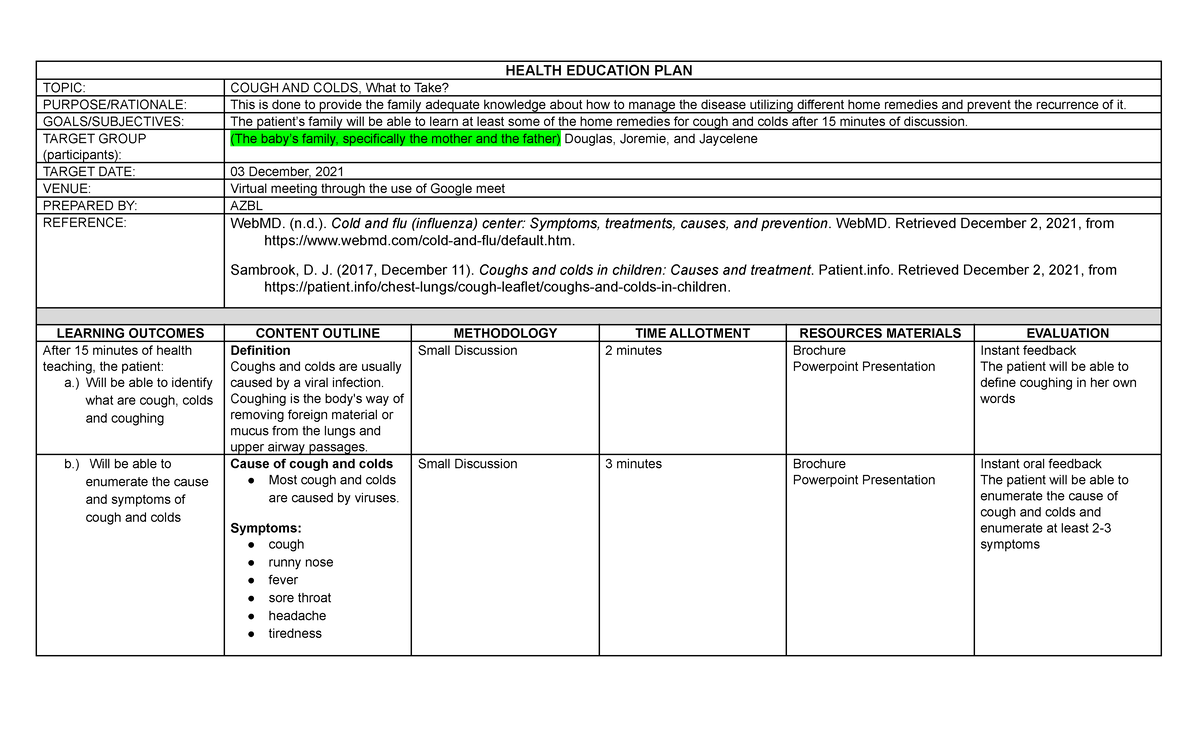 Cough AND COLD Health Education PLAN HEALTH EDUCATION PLAN TOPIC