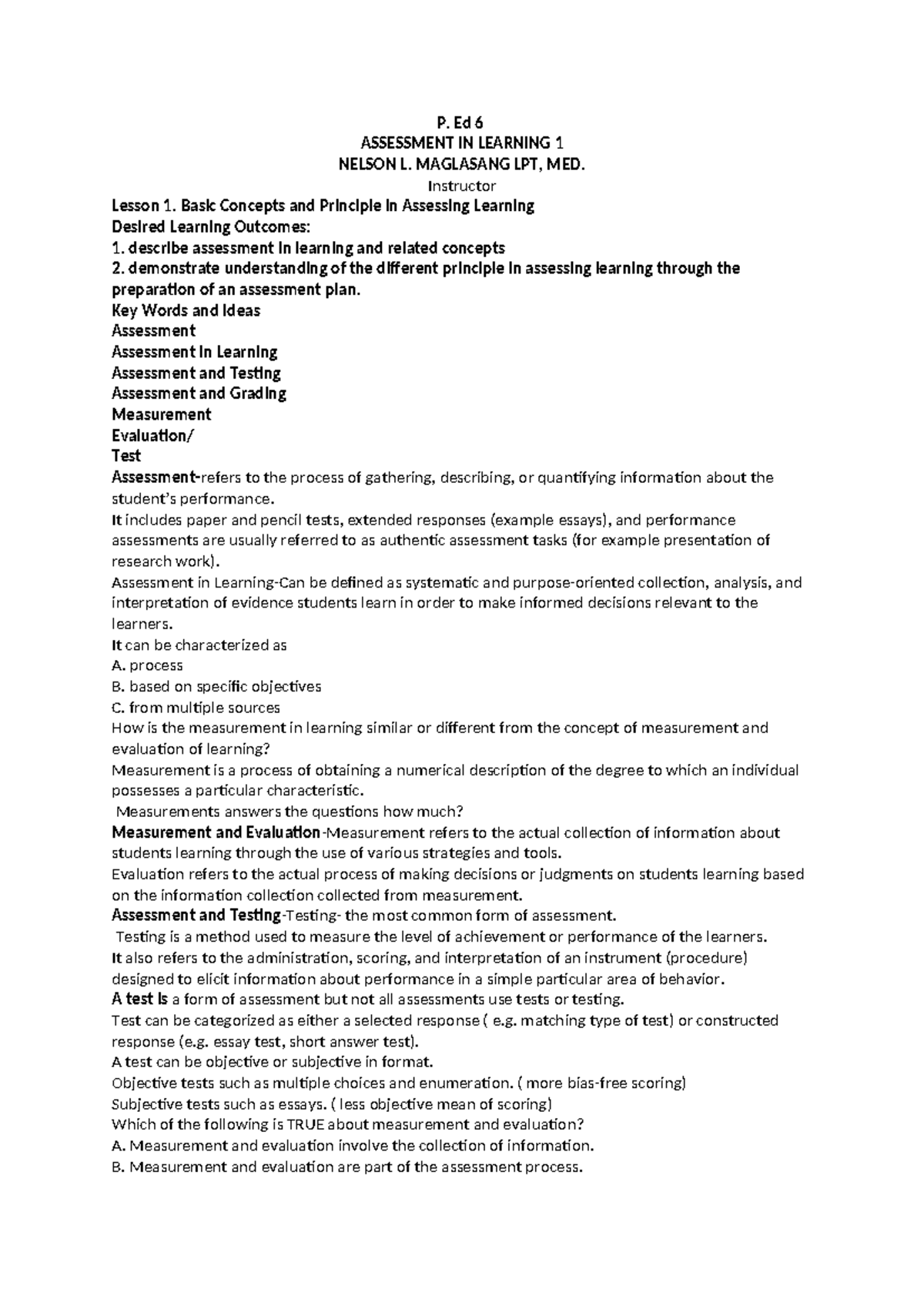 P - for reference - P. Ed 6 ASSESSMENT IN LEARNING 1 NELSON L ...