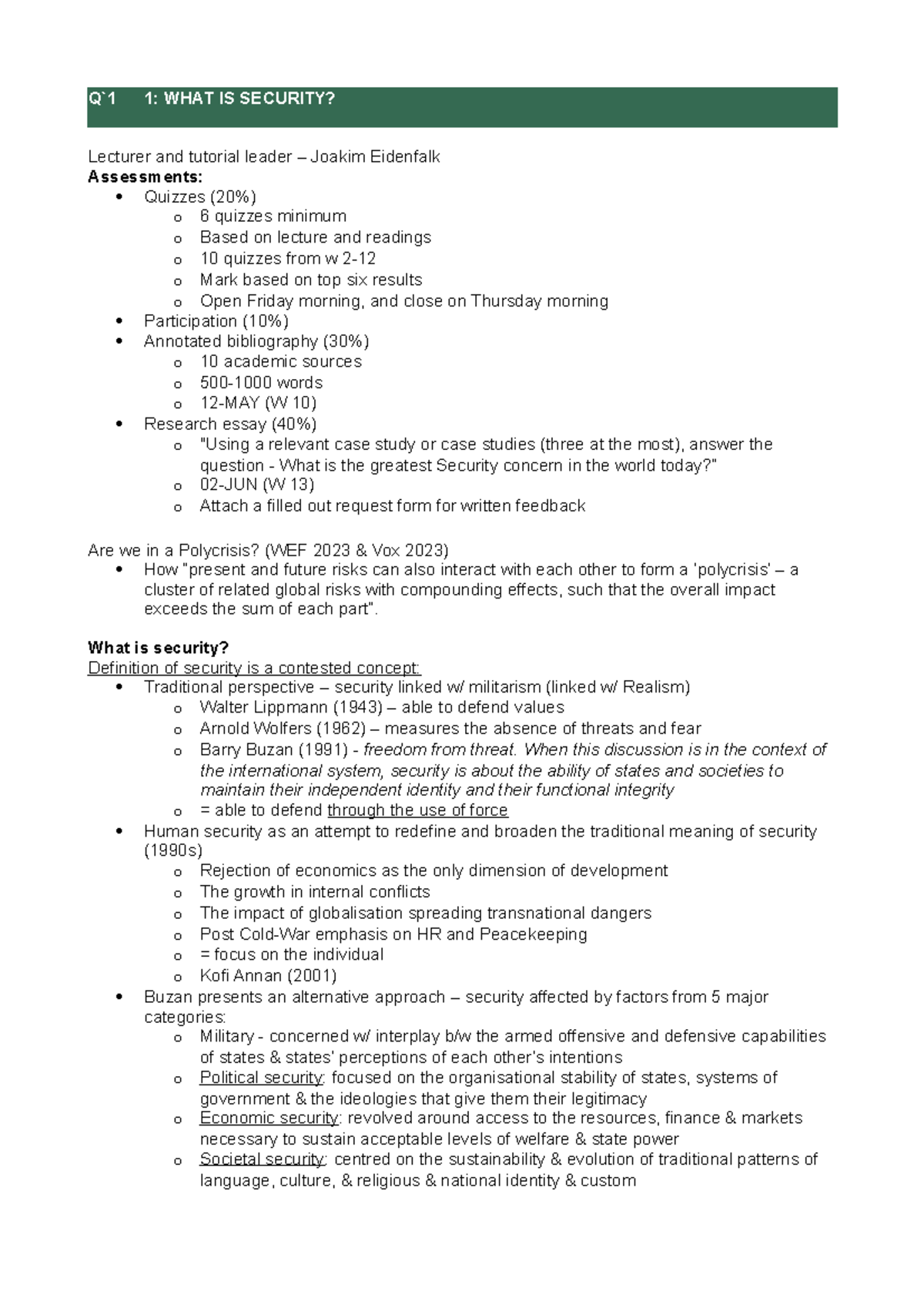 INTS207 lectures - Lecture notes W1-12 - Q`1 1: WHAT IS SECURITY ...