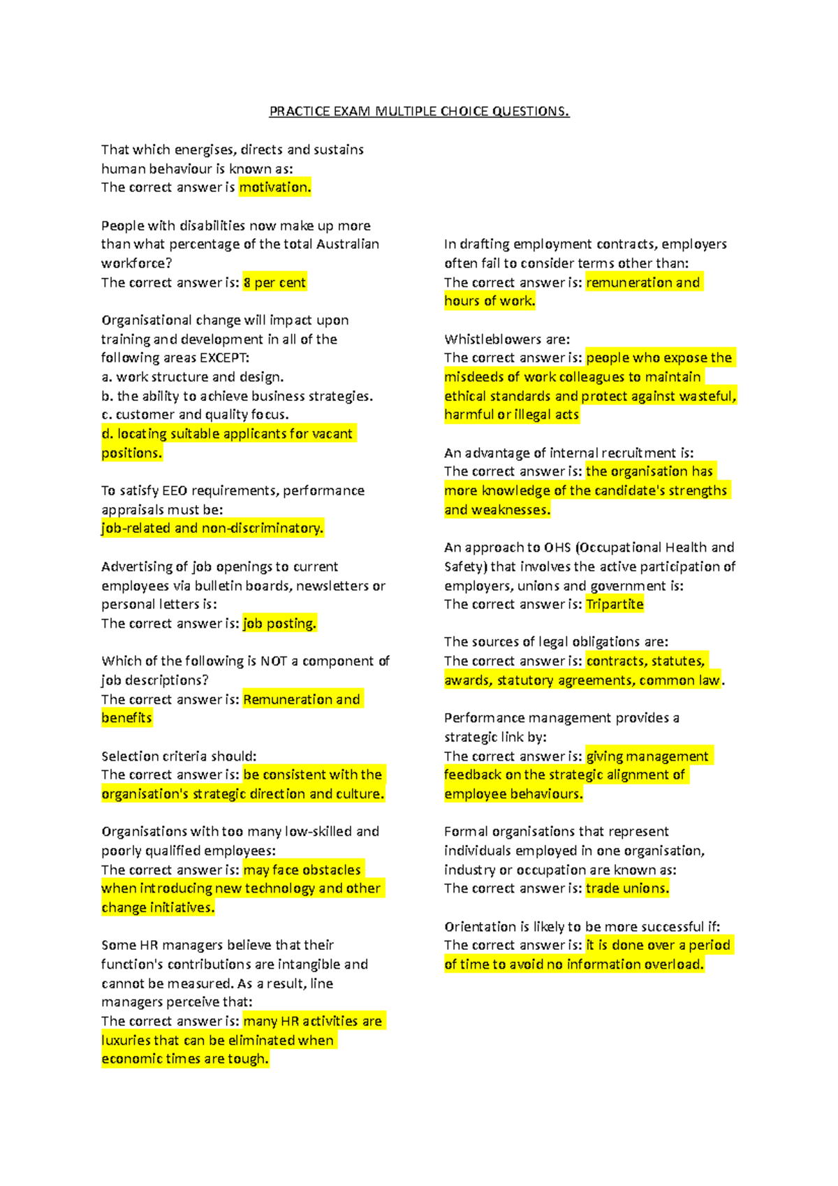Practice EXAM Multiple Choice Questions - PRACTICE EXAM MULTIPLE CHOICE ...