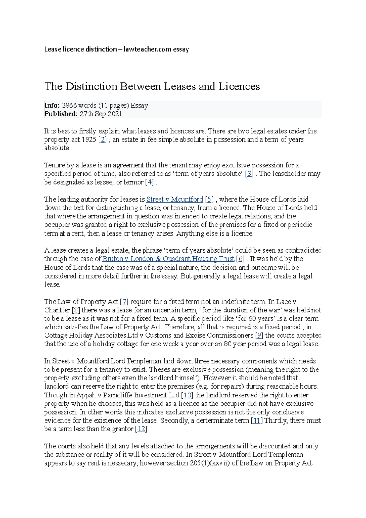 Lease Licence Distinction Essay Example - Lease Licence Distinction ...